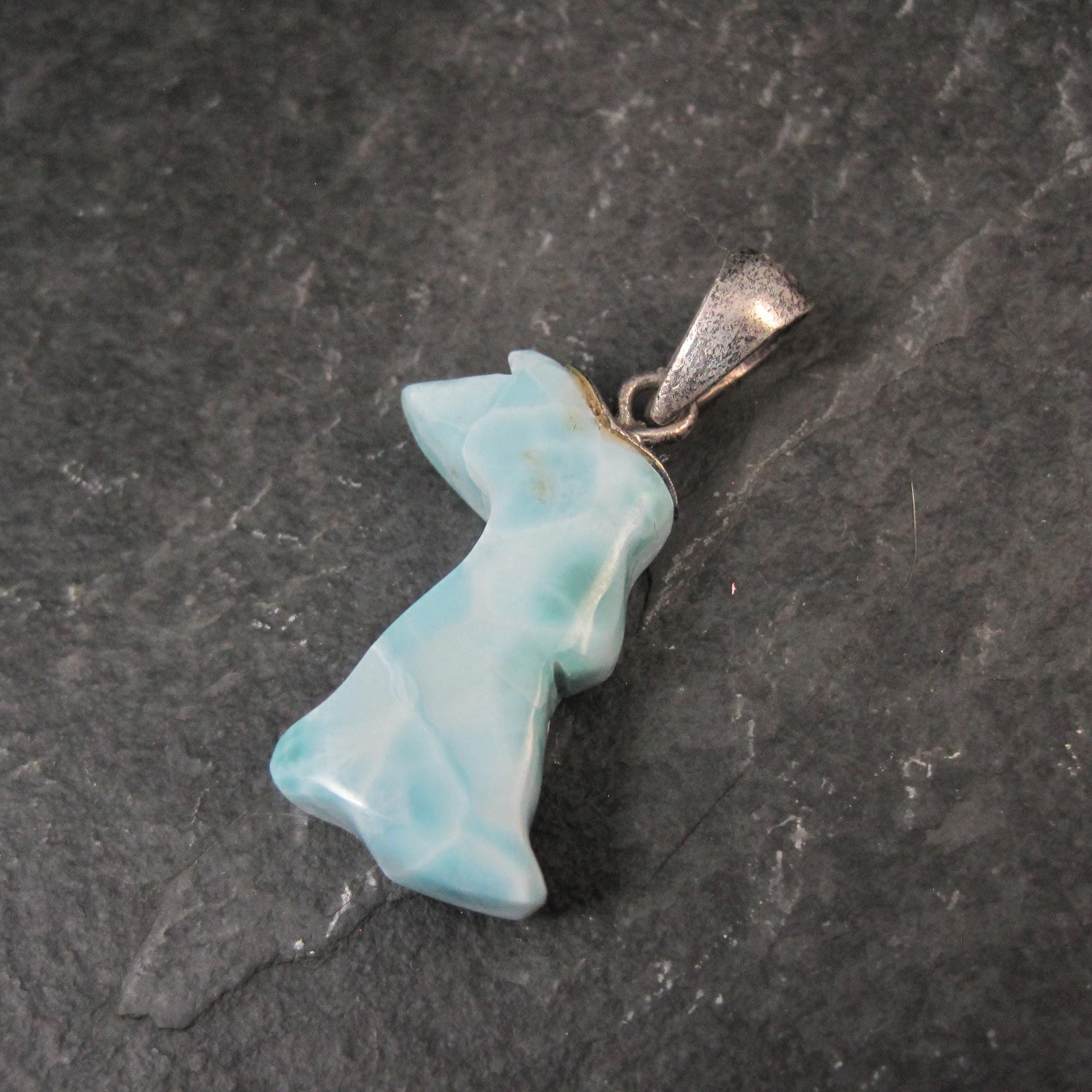 Carved Larimar Rabbit Pendant Sterling Silver