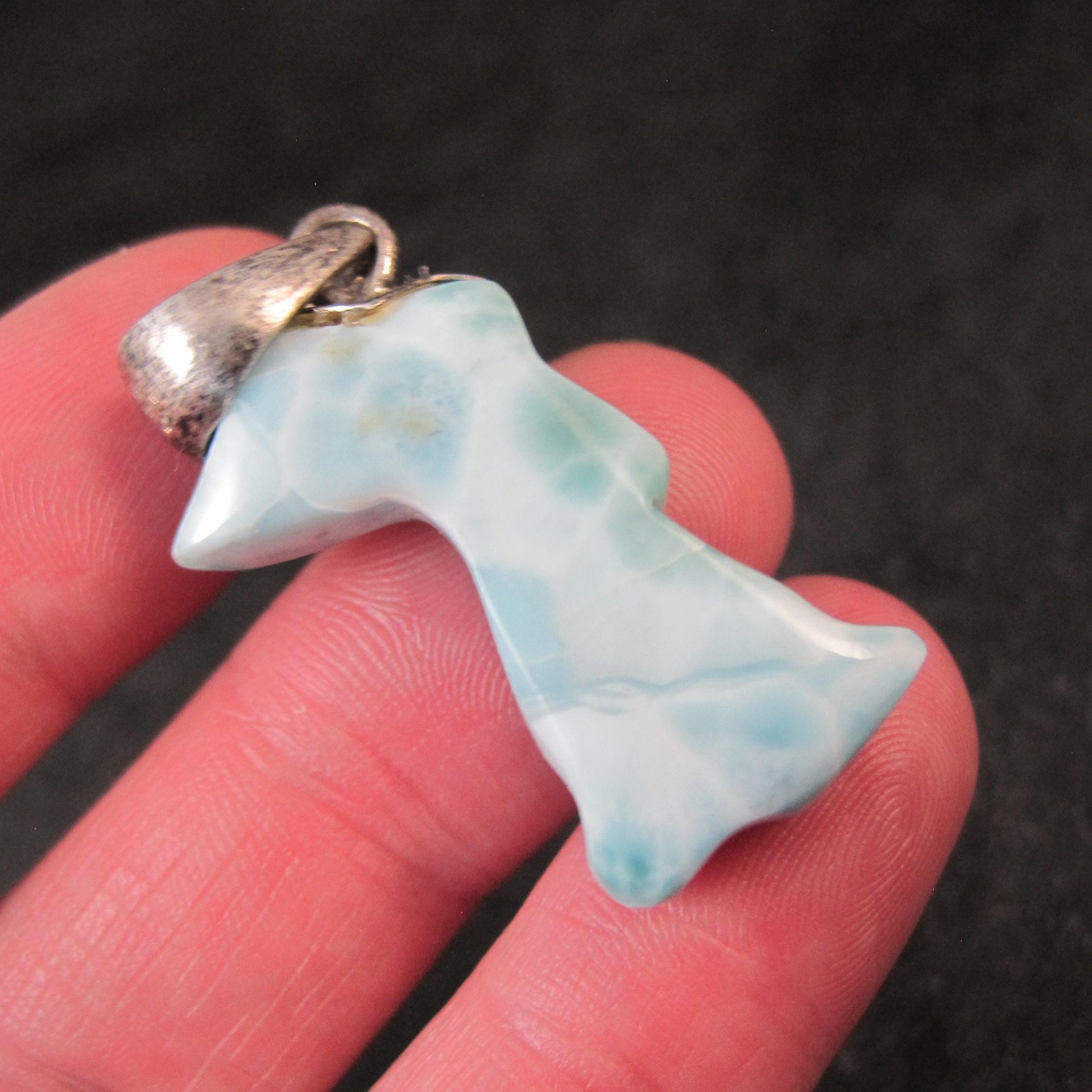 Carved Larimar Rabbit Pendant Sterling Silver