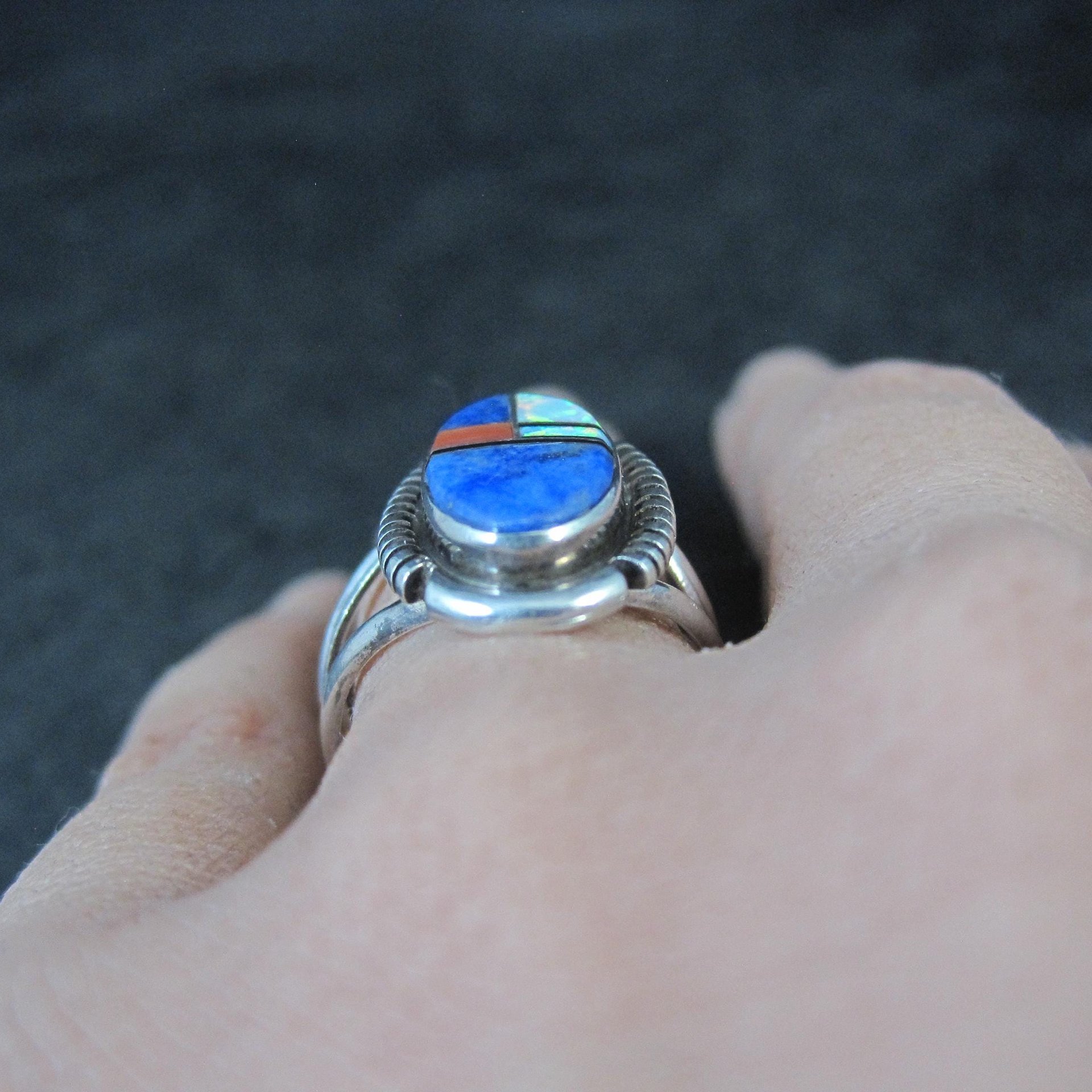 Vintage Sterling Inlay Ring Size 7 Southwestern Silver