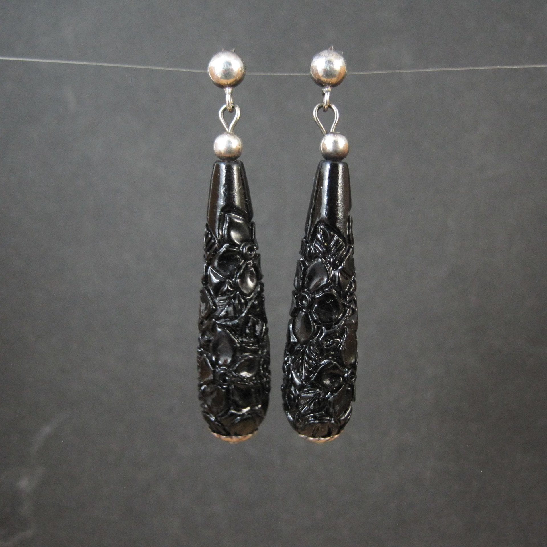 Vintage Carved Black Cinnabar Earrings