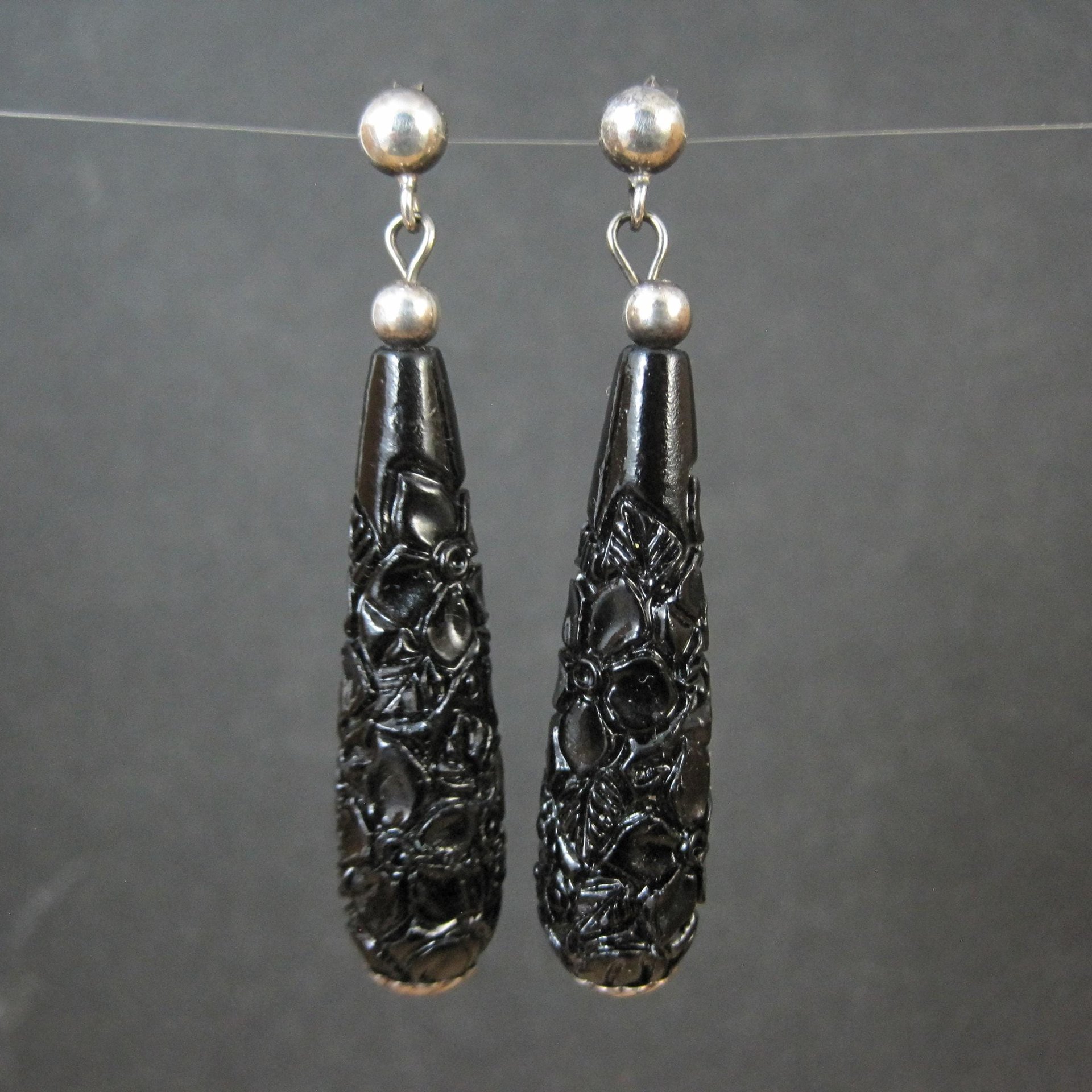Vintage Carved Black Cinnabar Earrings