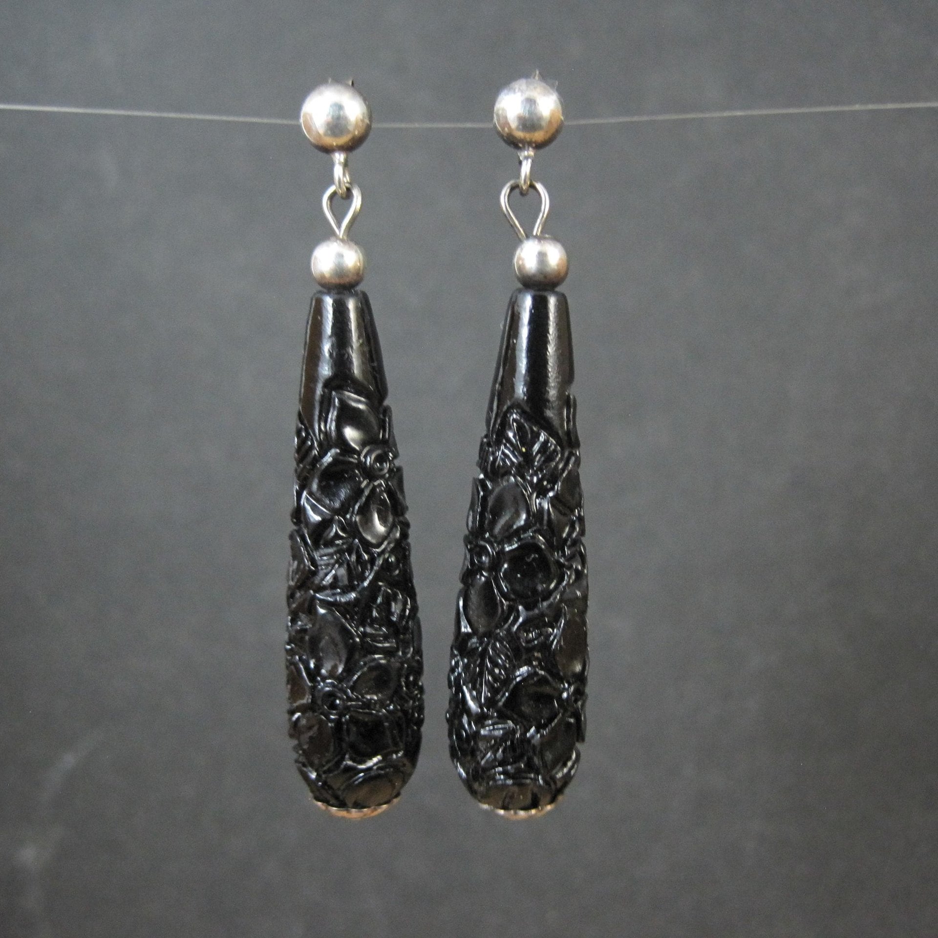 Vintage Carved Black Cinnabar Earrings