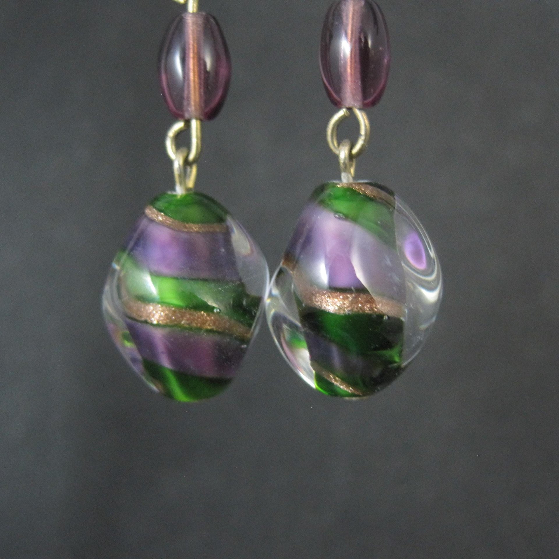 Long Purple & Green Art Glass Earrings