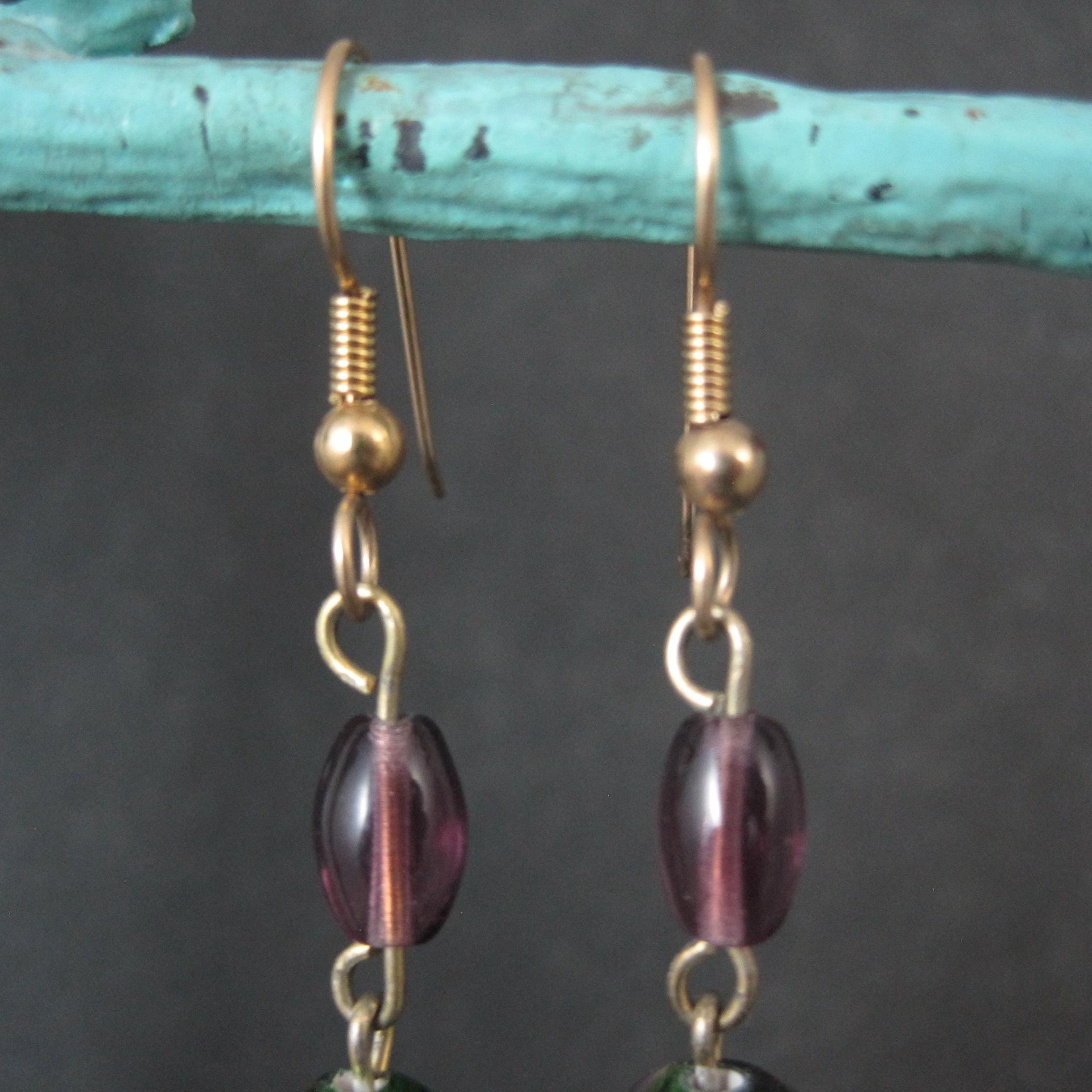 Long Purple & Green Art Glass Earrings