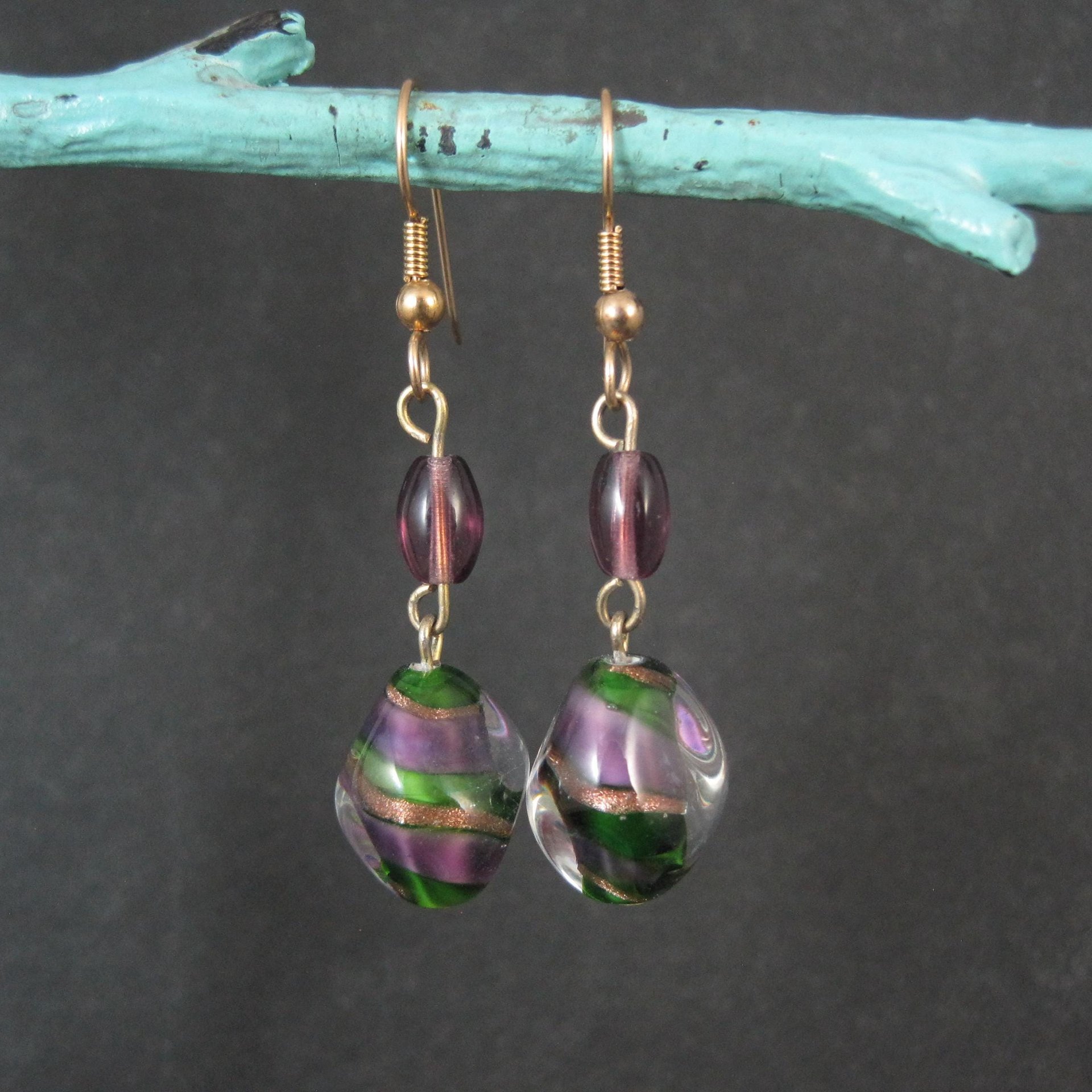 Long Purple & Green Art Glass Earrings