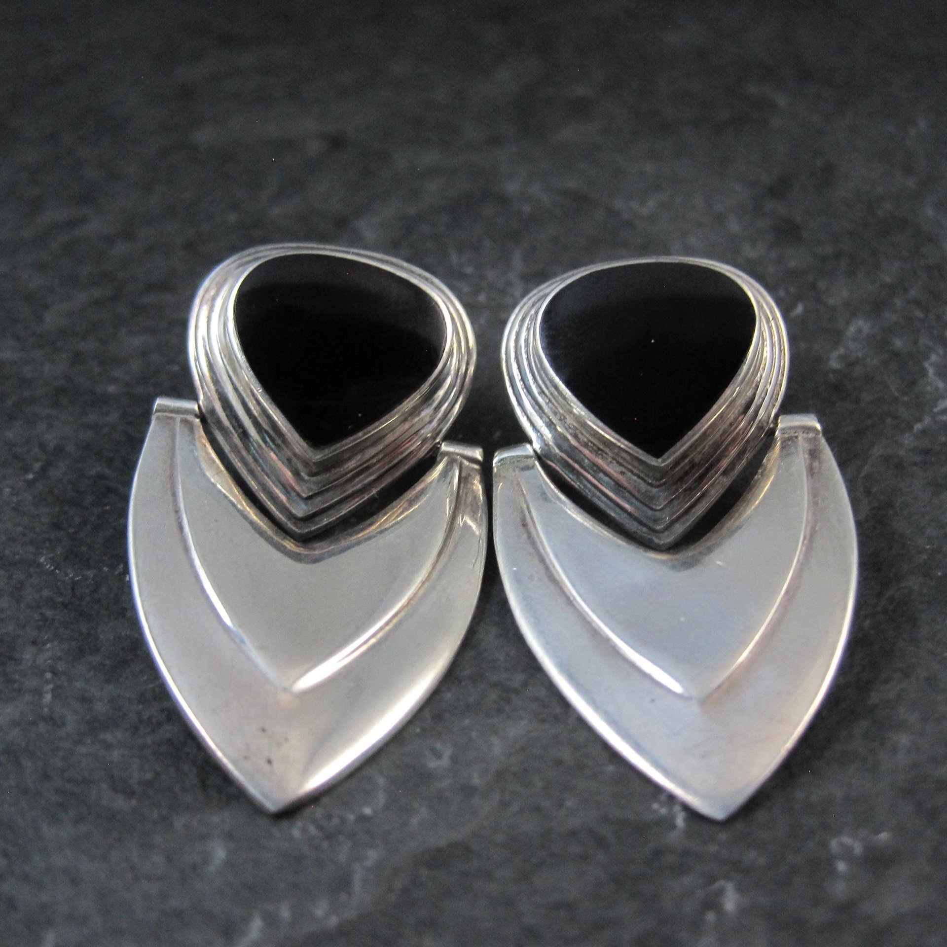 Large 1980s Onyx Earrings Sterling Silver