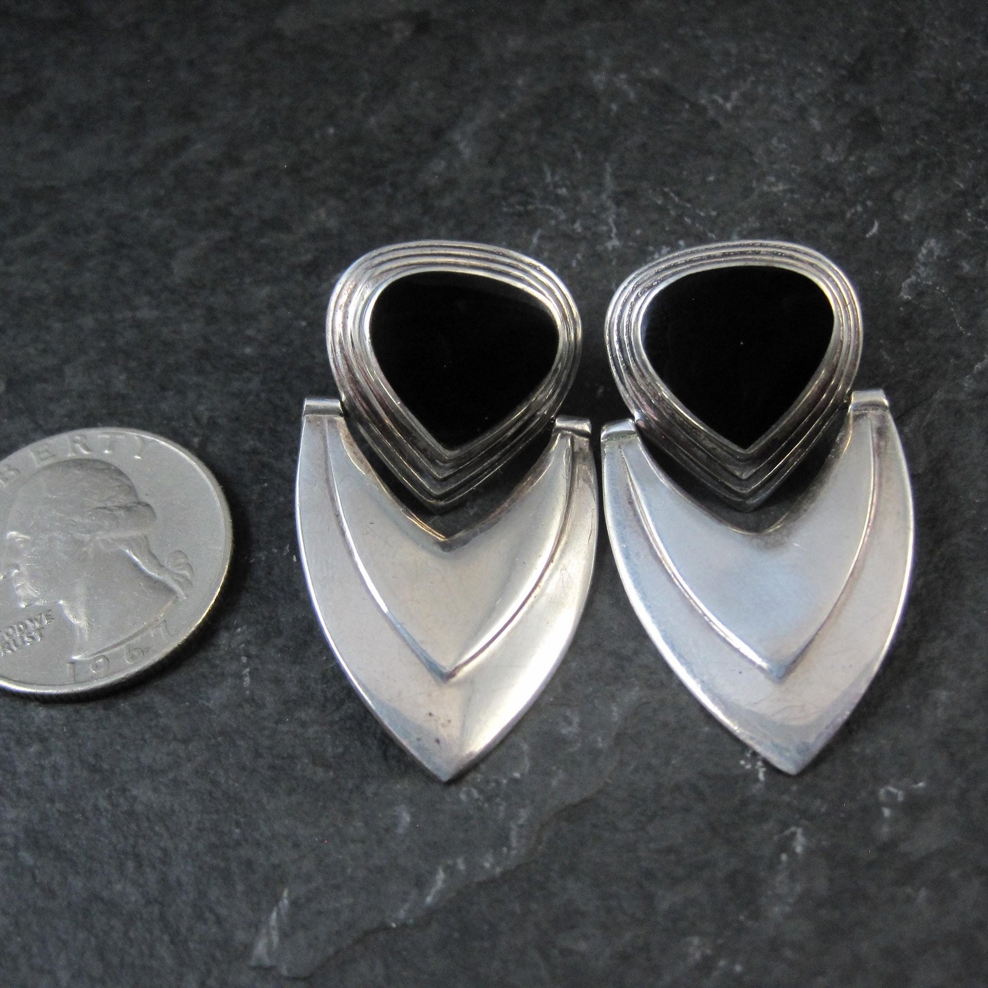 Large 1980s Onyx Earrings Sterling Silver
