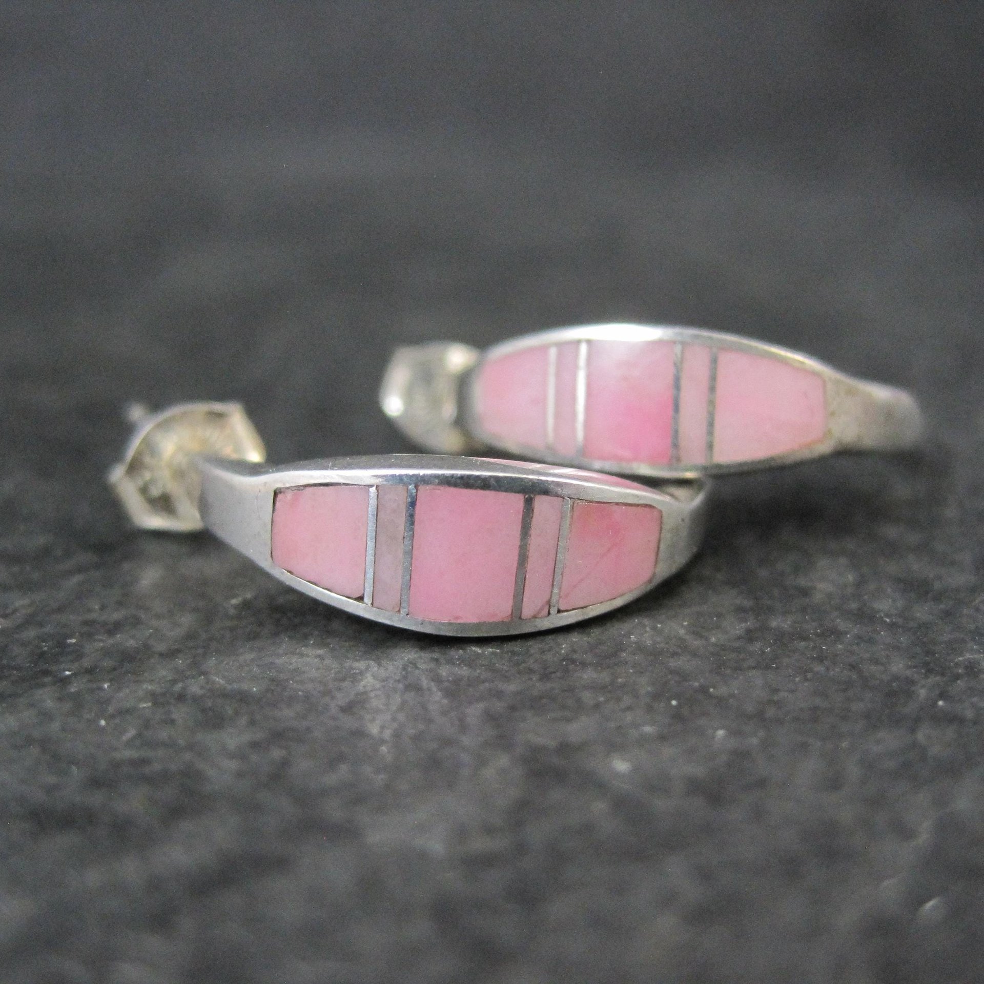 Pink Conch Shell Inlay Earrings Southwestern Sterling Signed