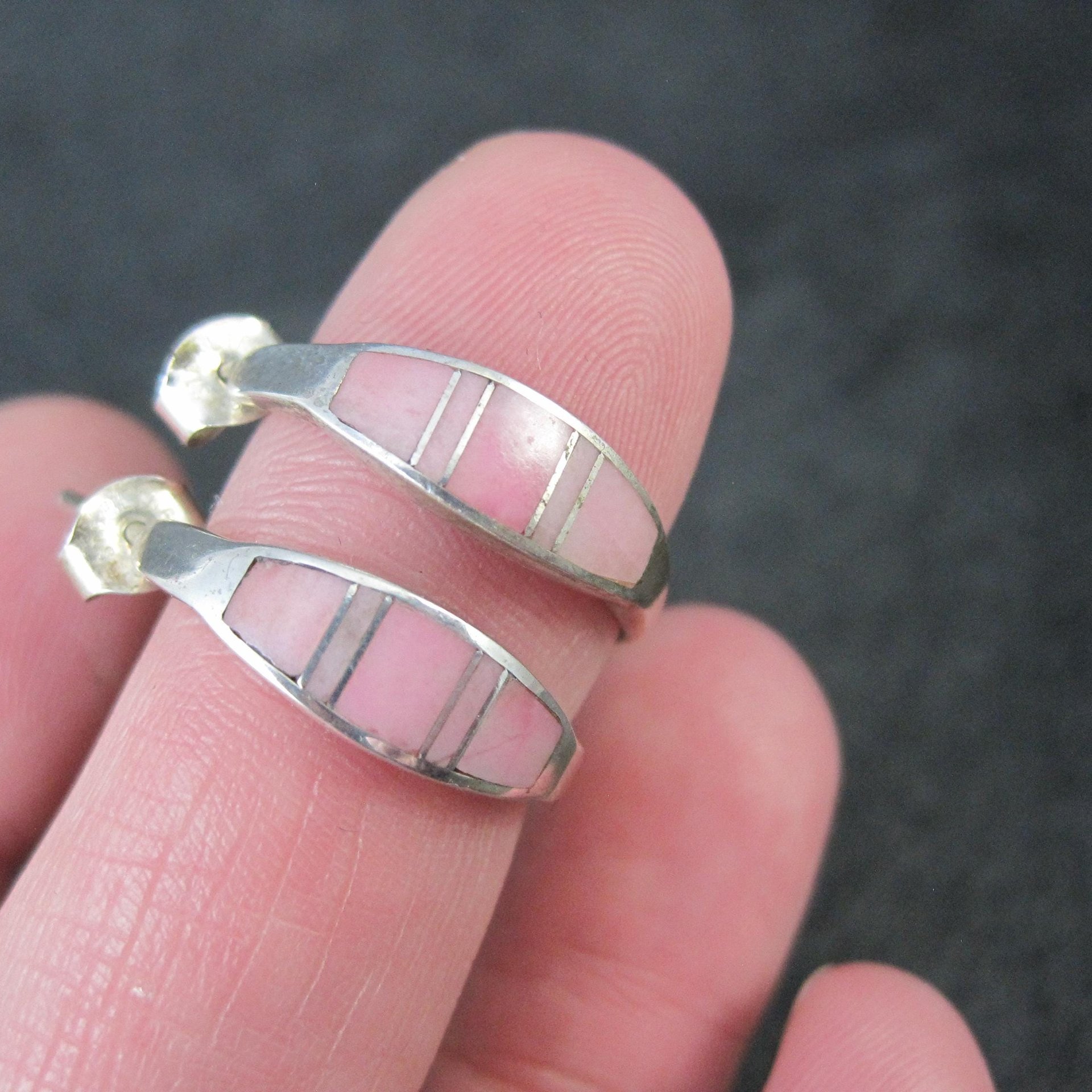 Pink Conch Shell Inlay Earrings Southwestern Sterling Signed