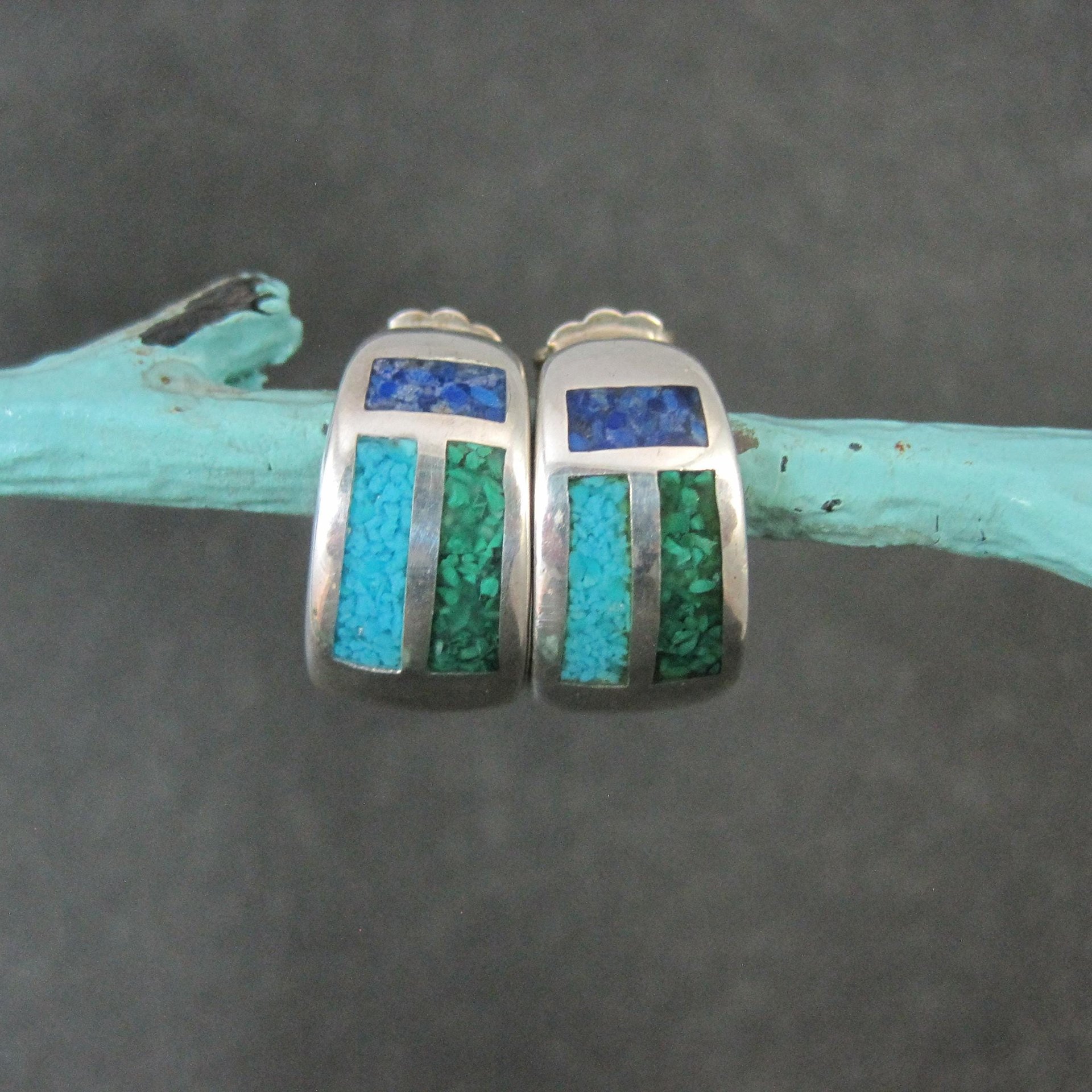 Vintage Inlaid Half Hoop Earrings Sterling Silver Coleman Company