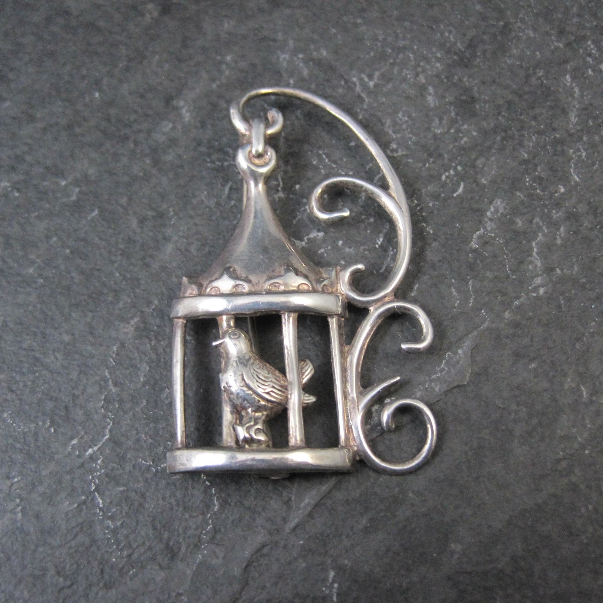 Vintage Sterling Silver Bird in Birdcage Brooch