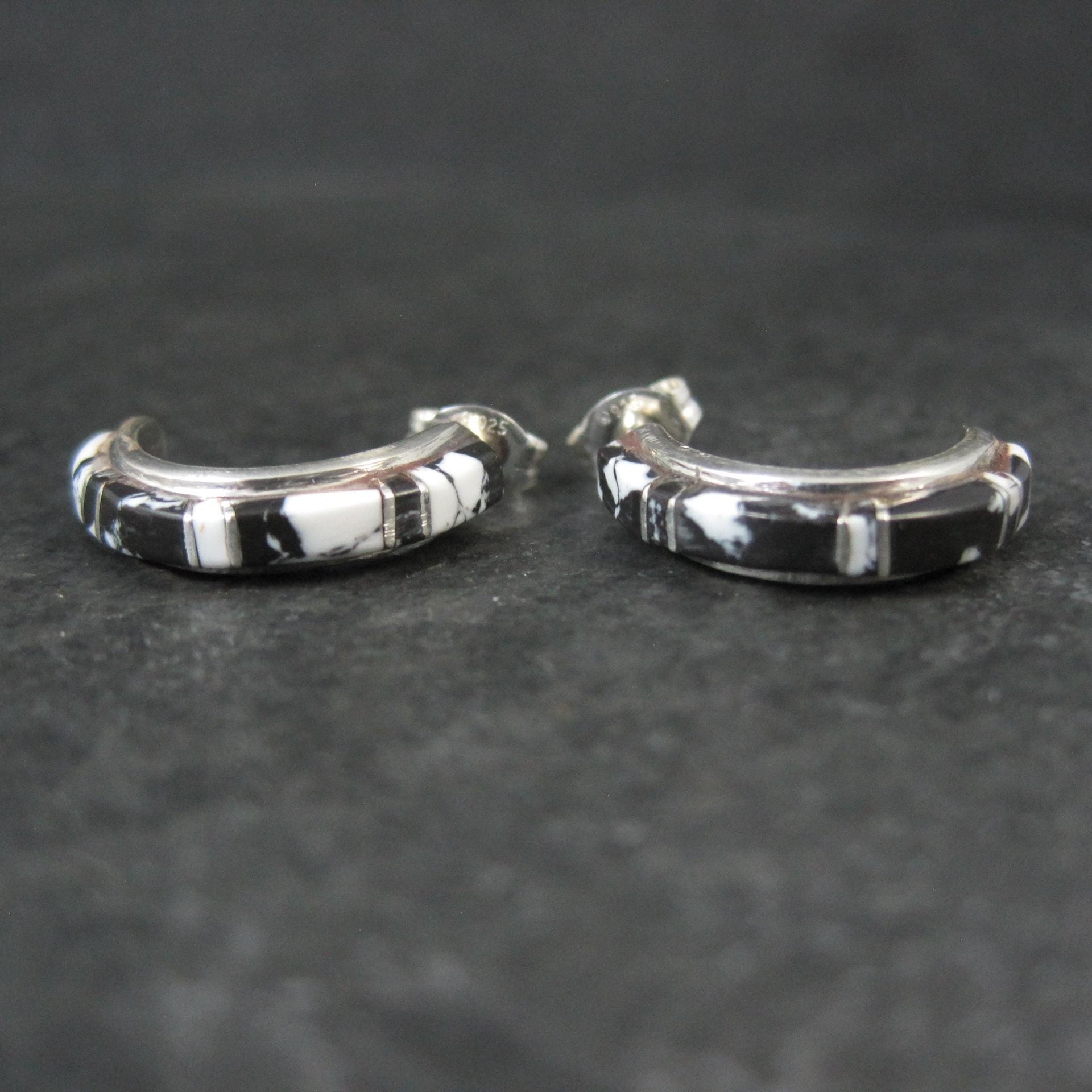 Sterling and White Buffalo Inlay Half Hoop Earrings 3/4"
