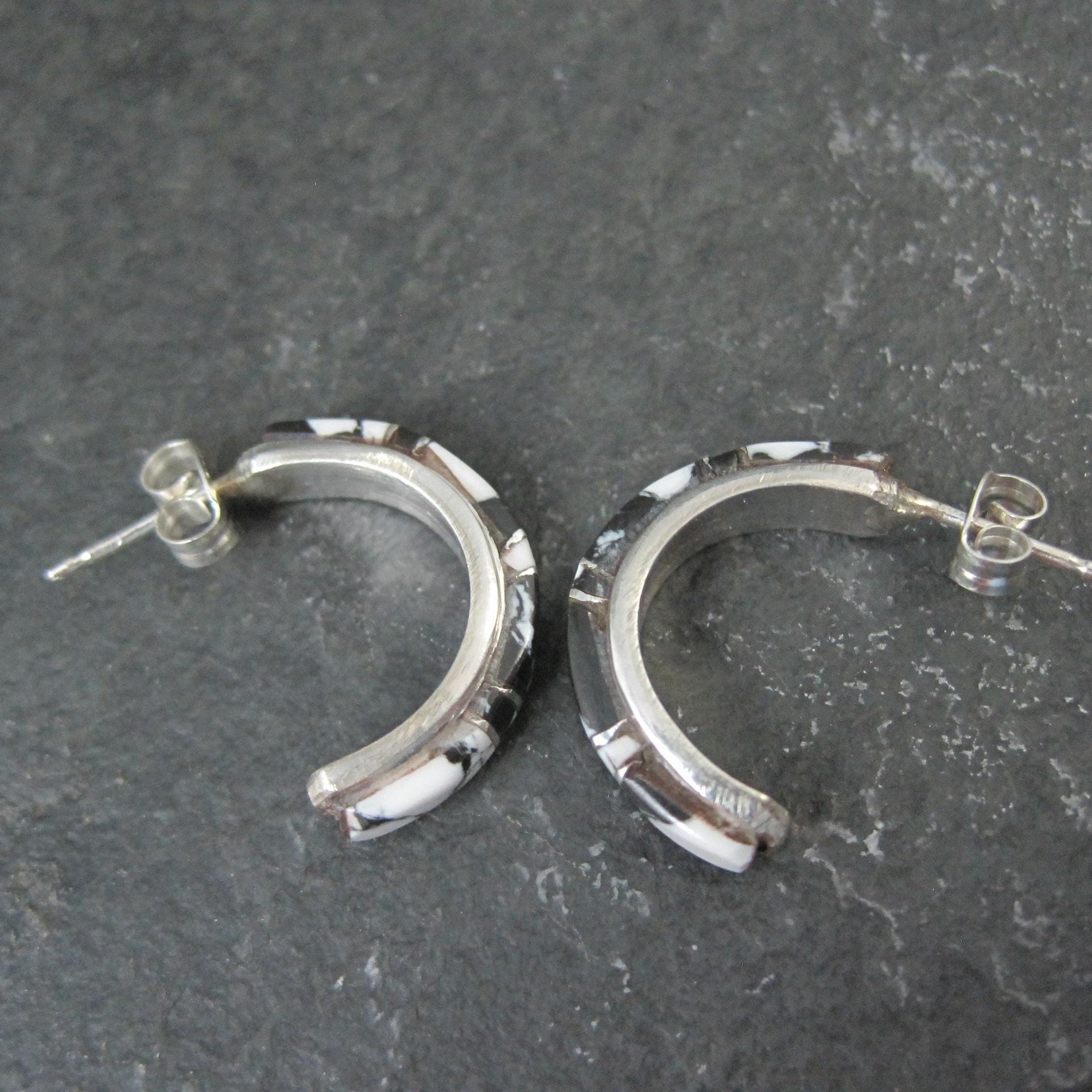 Sterling and White Buffalo Inlay Half Hoop Earrings 3/4"