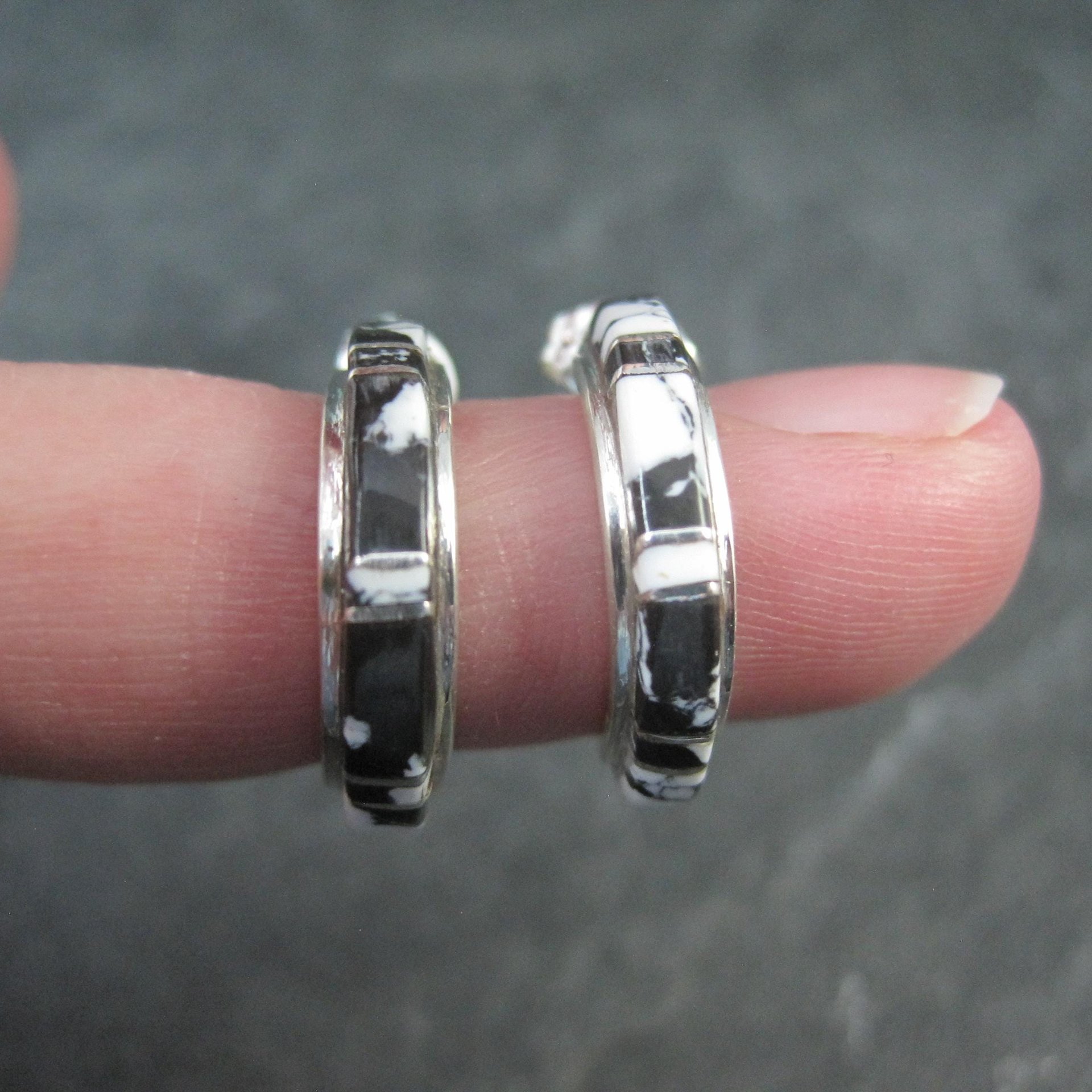 Sterling and White Buffalo Inlay Half Hoop Earrings 3/4"