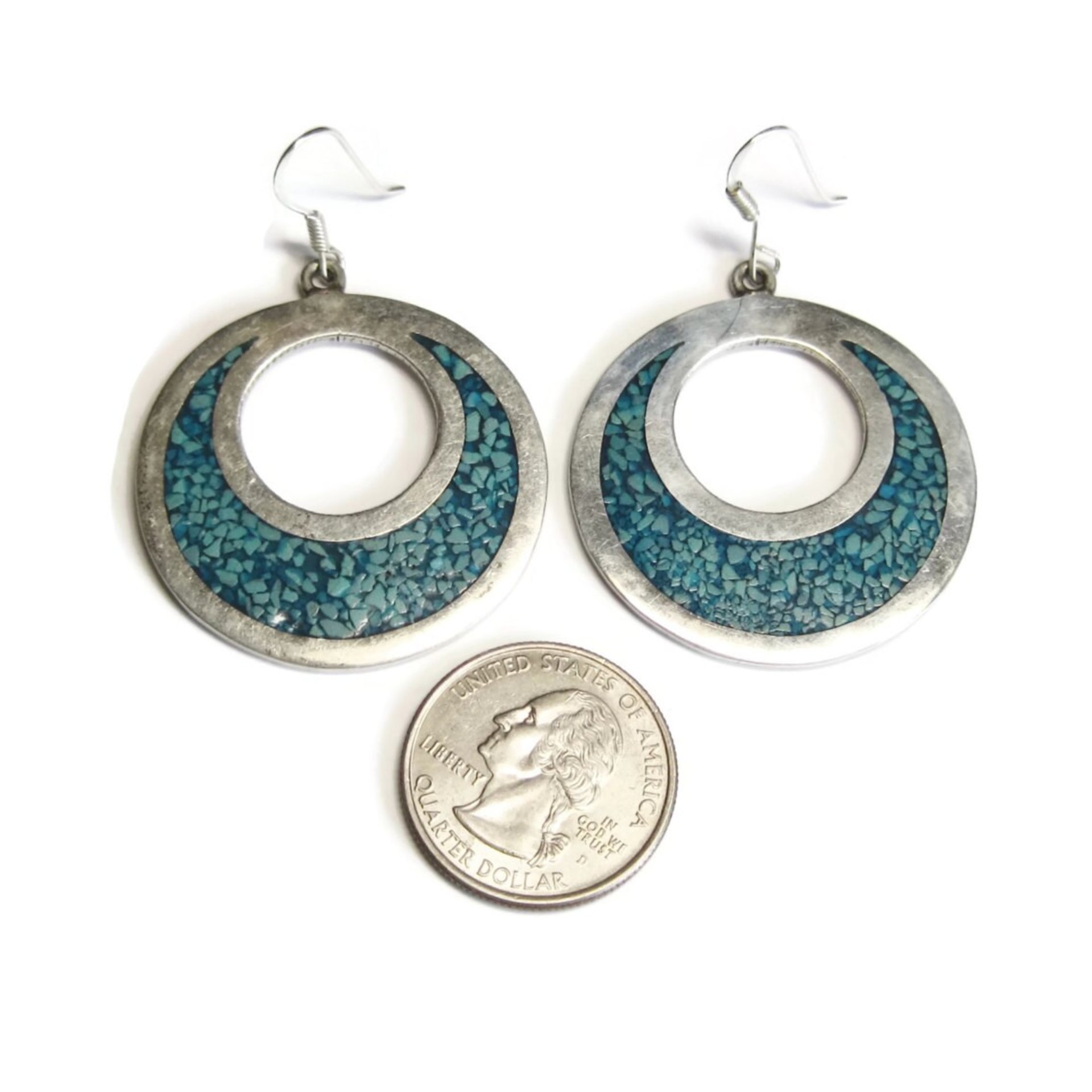 Vintage Mexican Sterling Turquoise Chip Circle Dangle Earrings