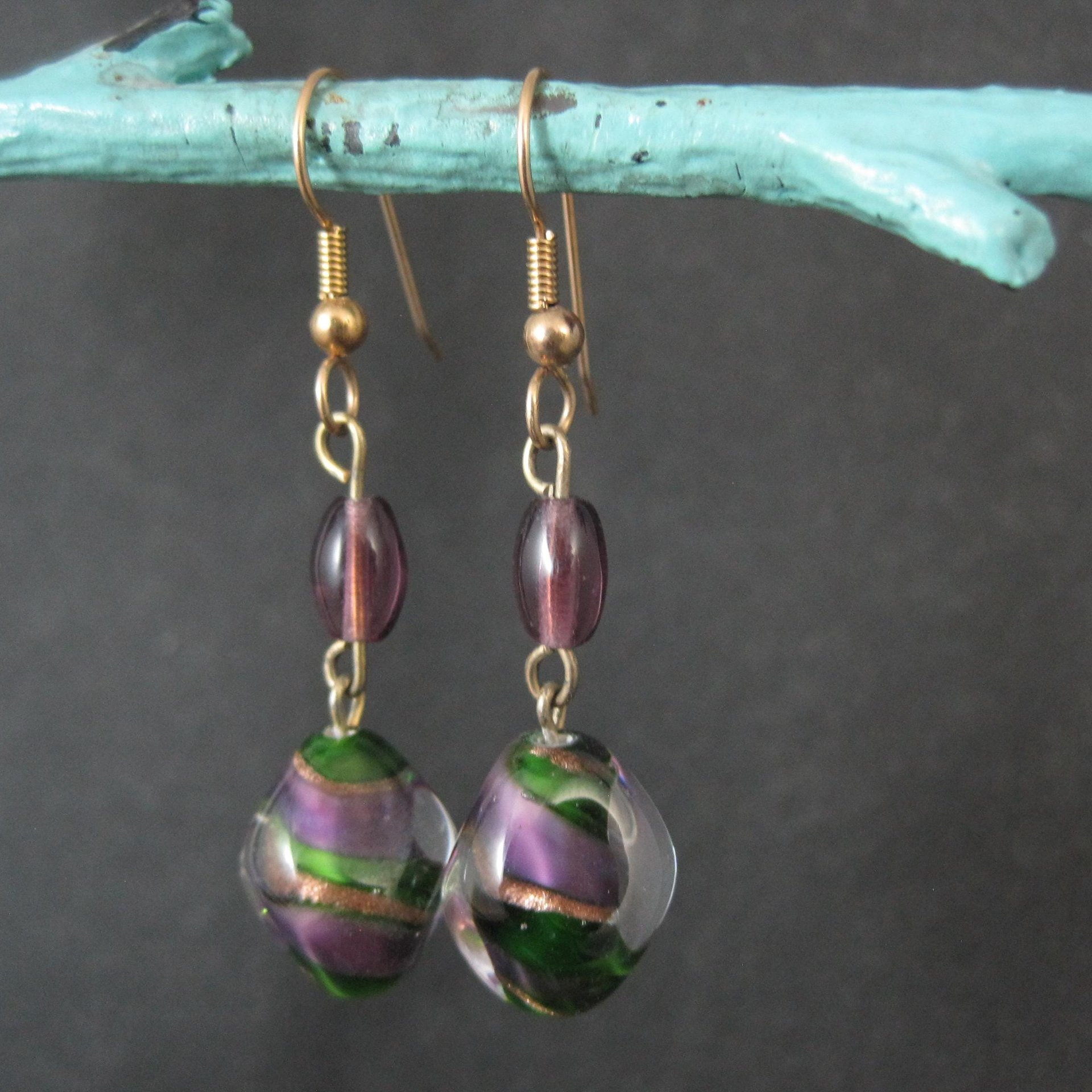 Long Purple & Green Art Glass Earrings