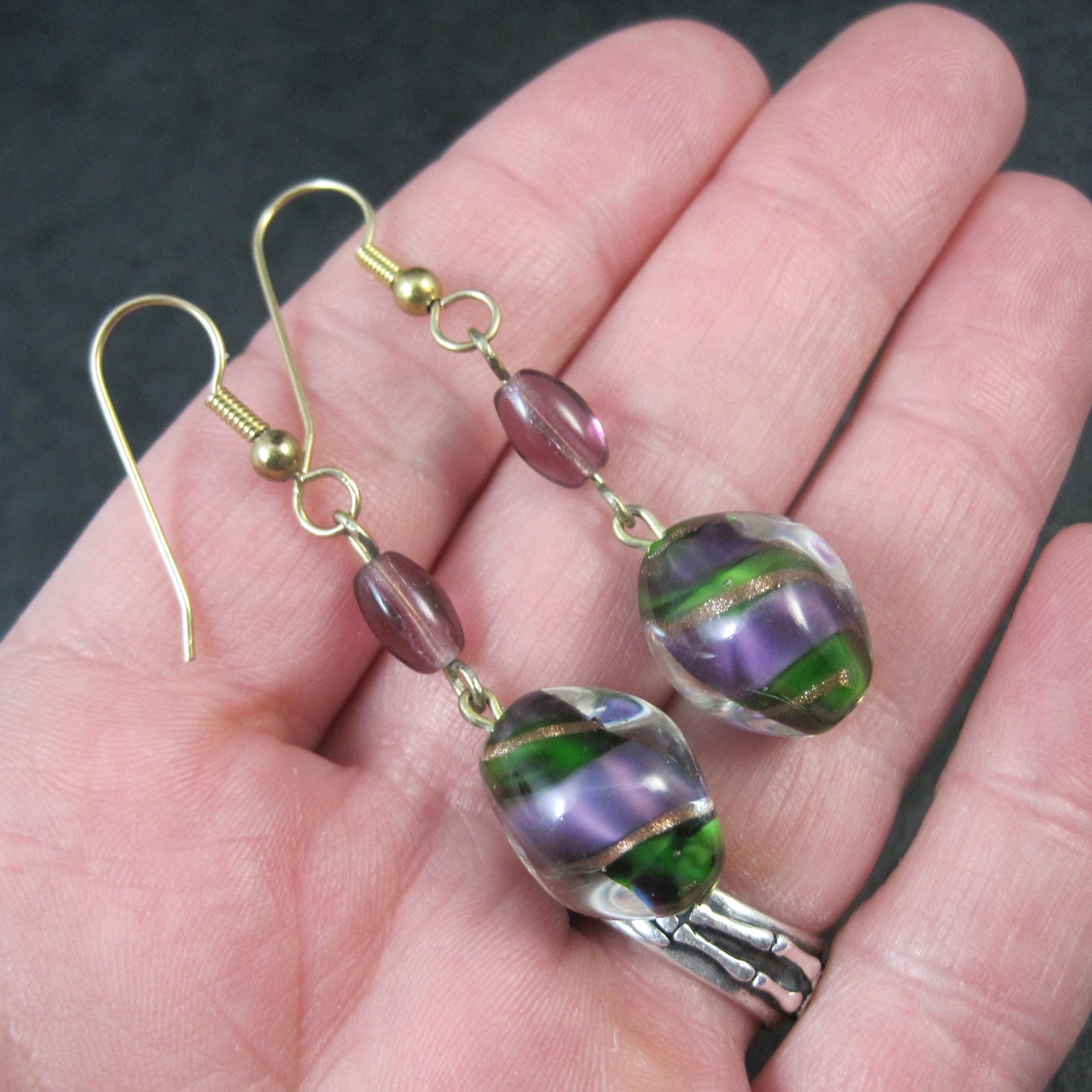 Long Purple & Green Art Glass Earrings