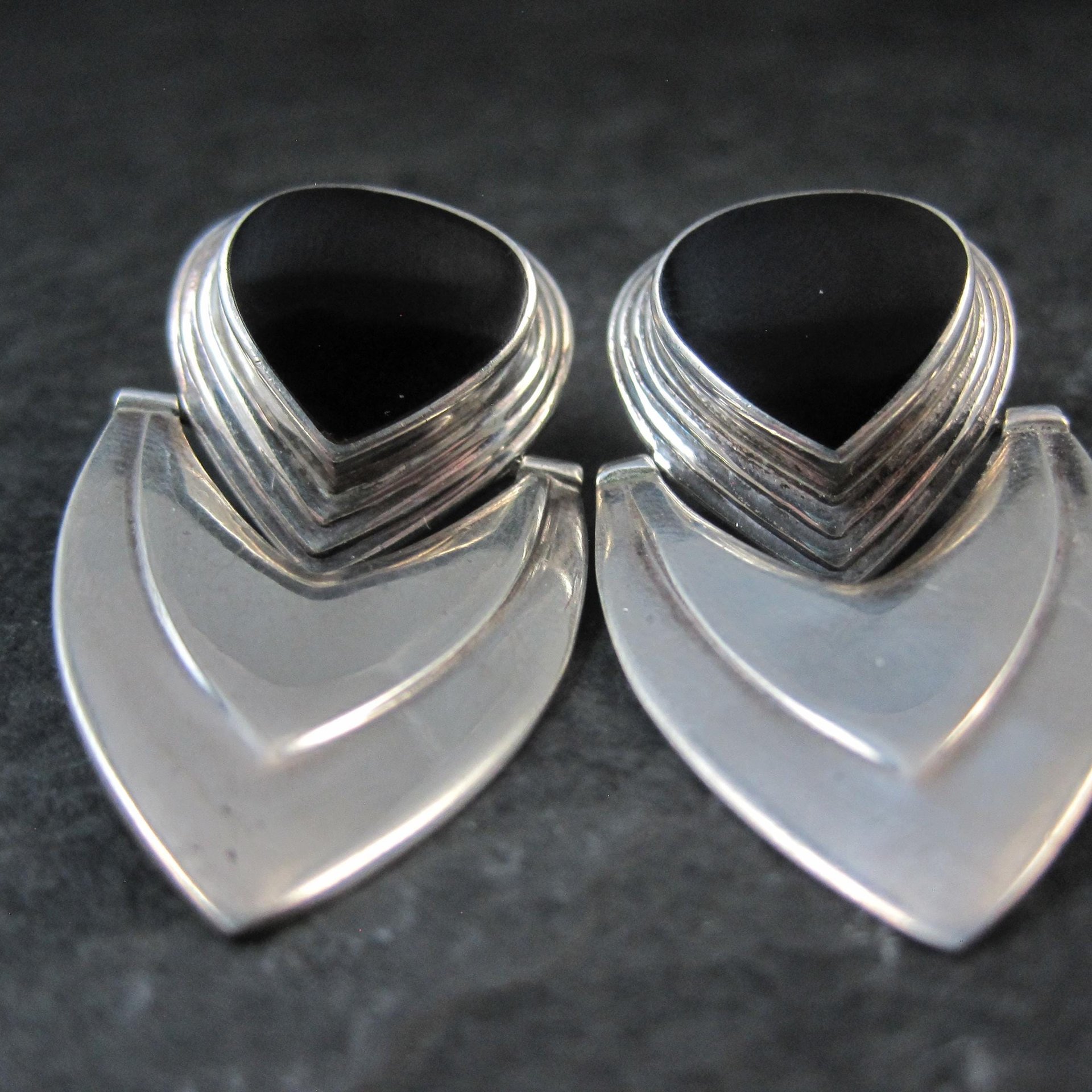 Large 1980s Onyx Earrings Sterling Silver