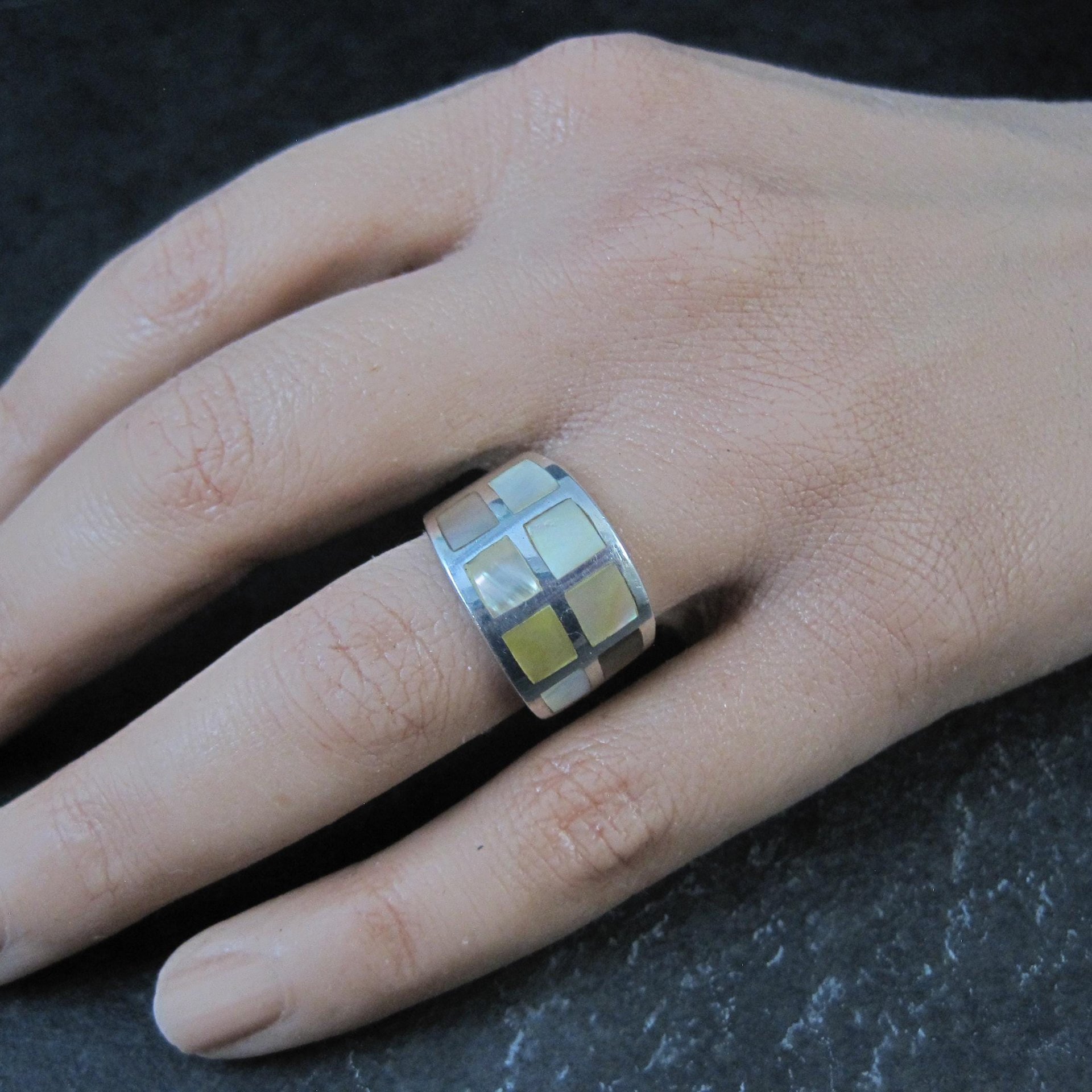 Wide Mother of Pearl Sterling Silver Band Ring Size 6 Vintage