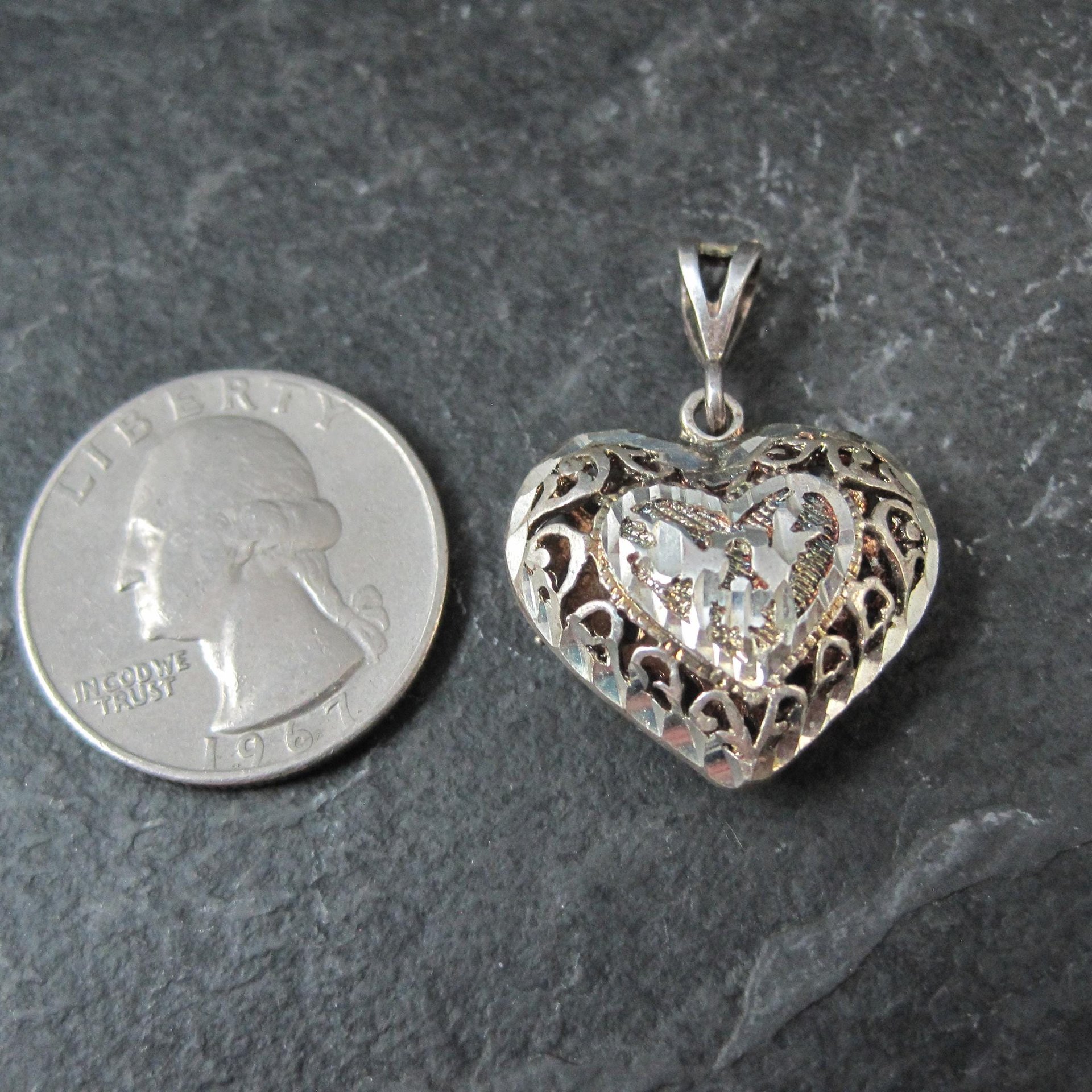 Vintage Puffy Filigree Heart Pendant Reversible Sterling Silver Diamond Cut