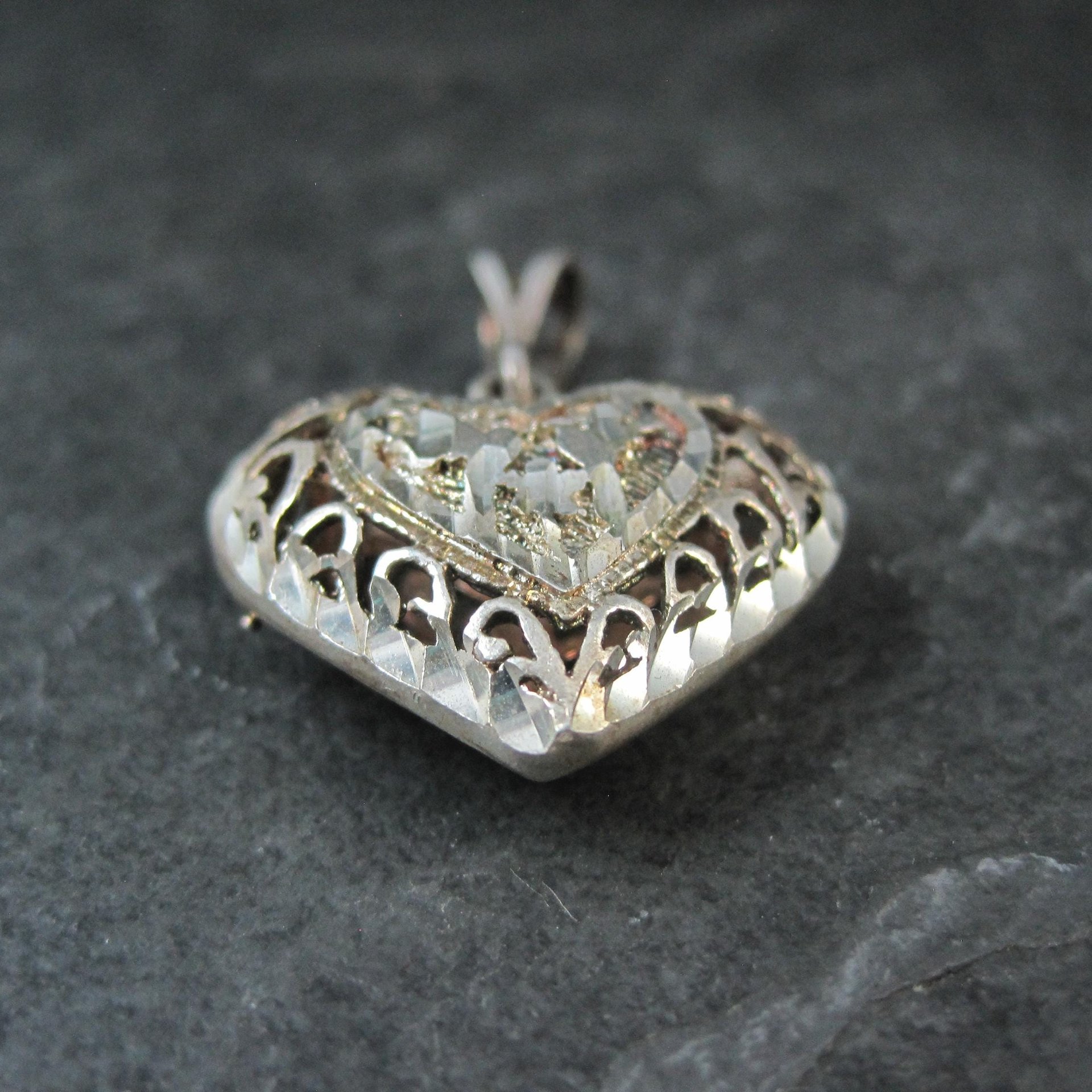 Vintage Puffy Filigree Heart Pendant Reversible Sterling Silver Diamond Cut