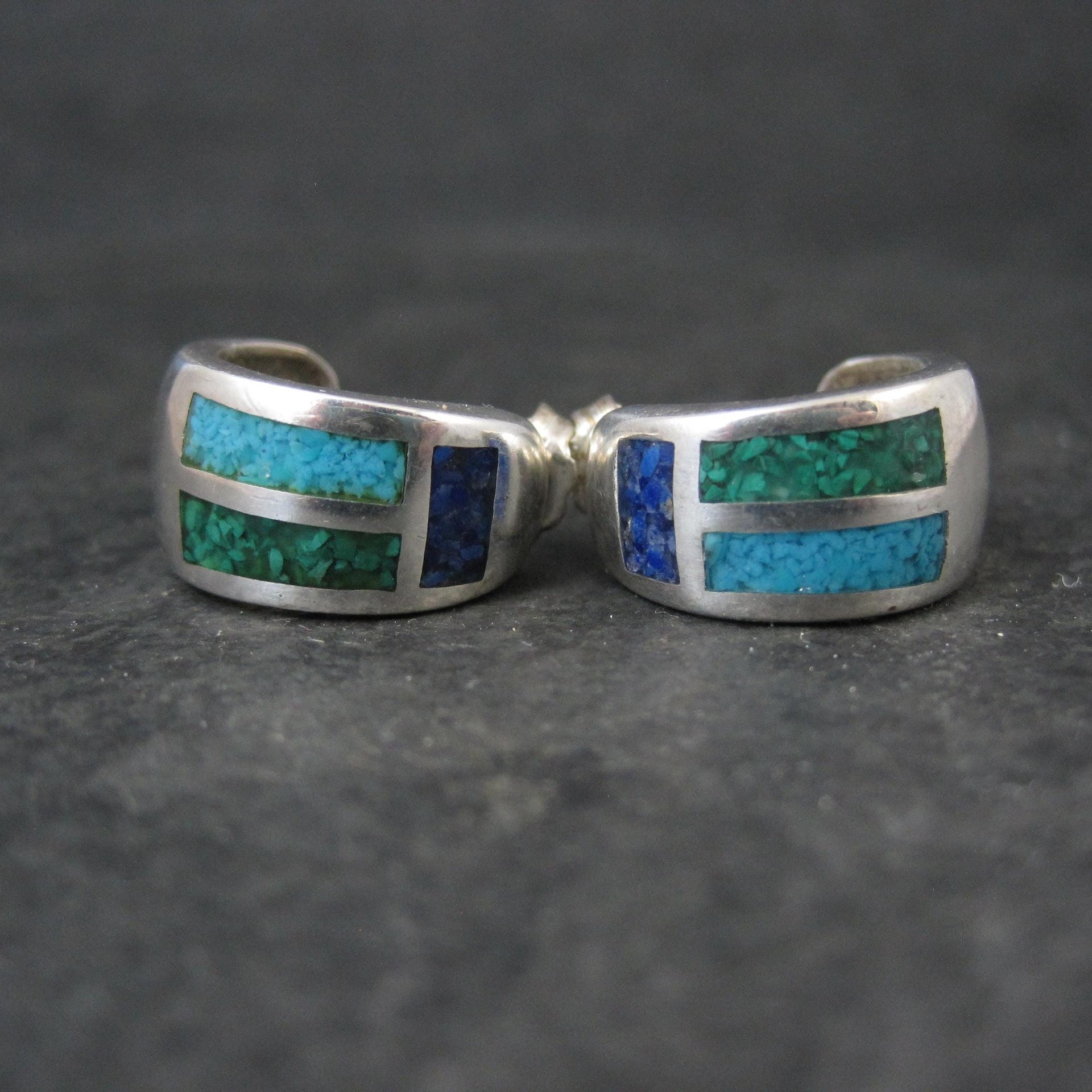 Vintage Inlaid Half Hoop Earrings Sterling Silver Coleman Company