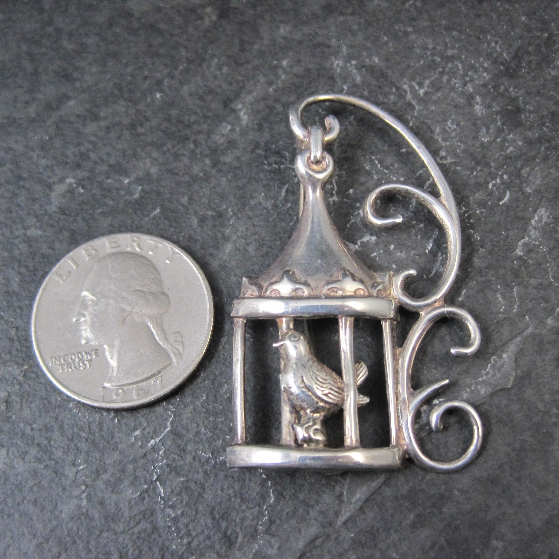 Vintage Sterling Silver Bird in Birdcage Brooch