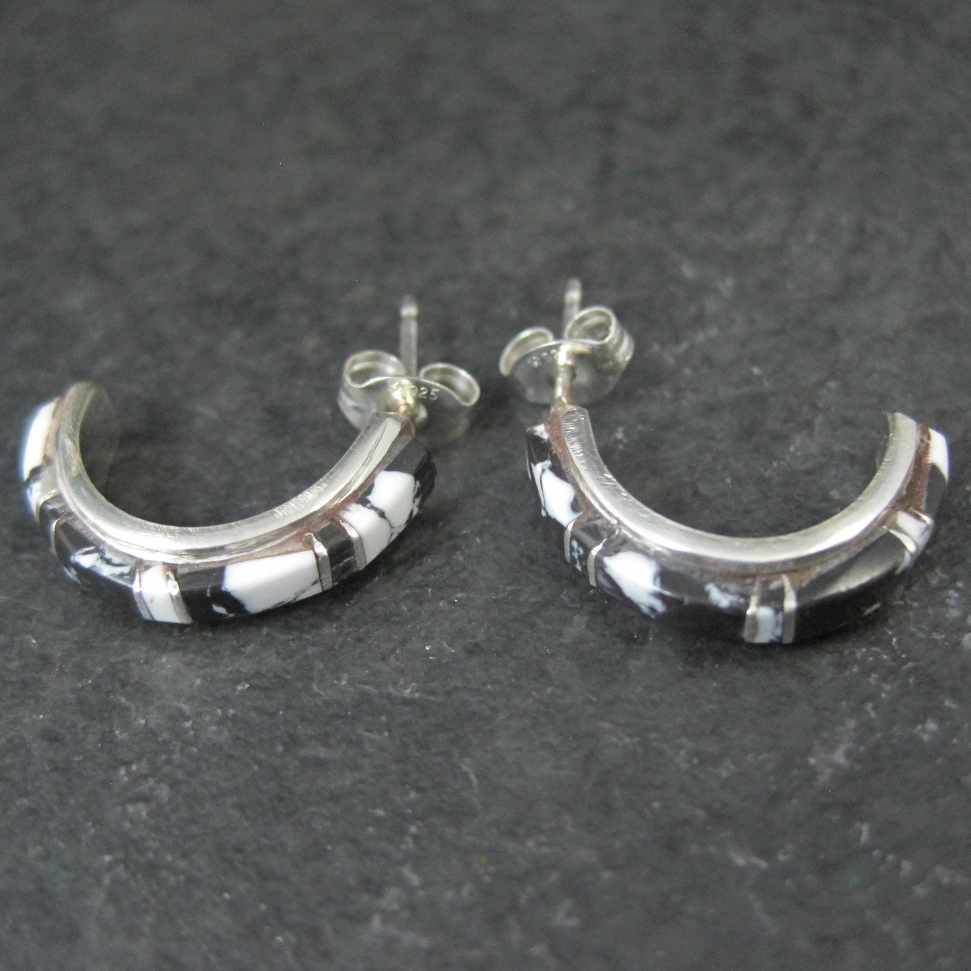 Sterling and White Buffalo Inlay Half Hoop Earrings 3/4"