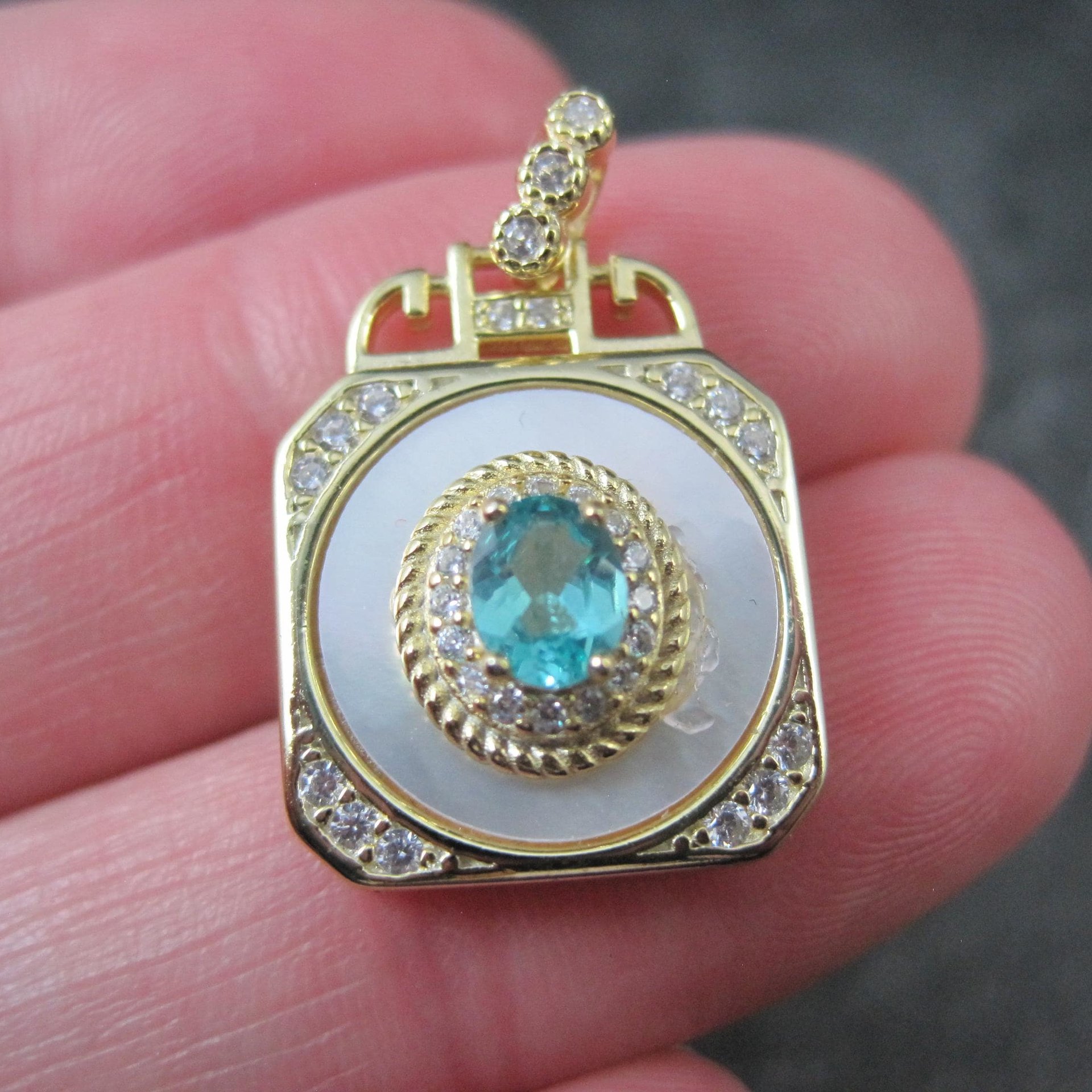 Apatite White Zircon Mother of Pearl Pendant Vermeil Sterling Estate