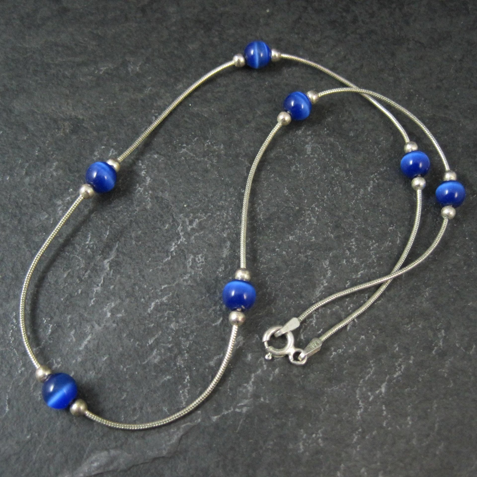 1990s Sterling Silver Blue Cats Eye Bead Necklace 16"