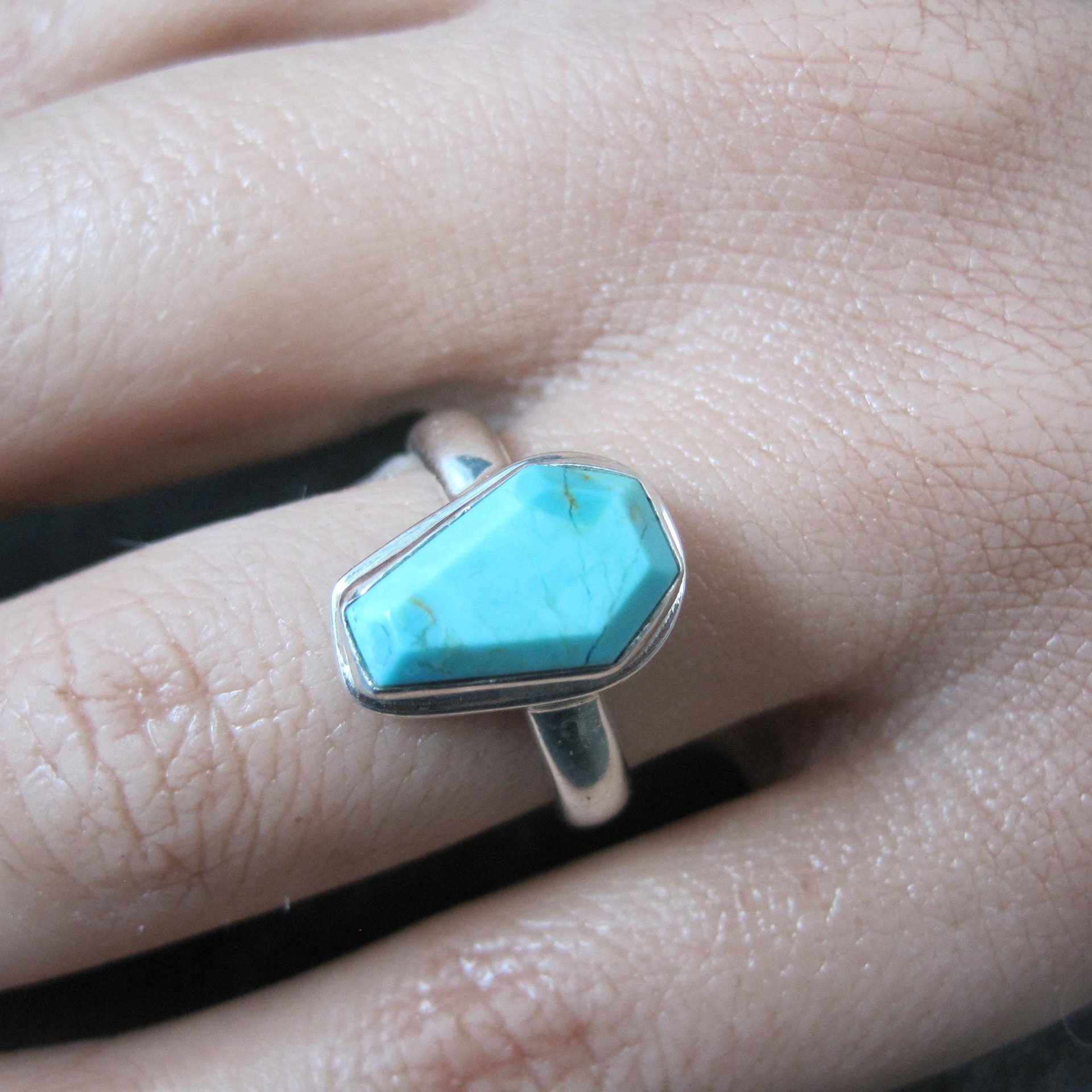 Turquoise Coffin Ring Sterling Silver Size 6.5