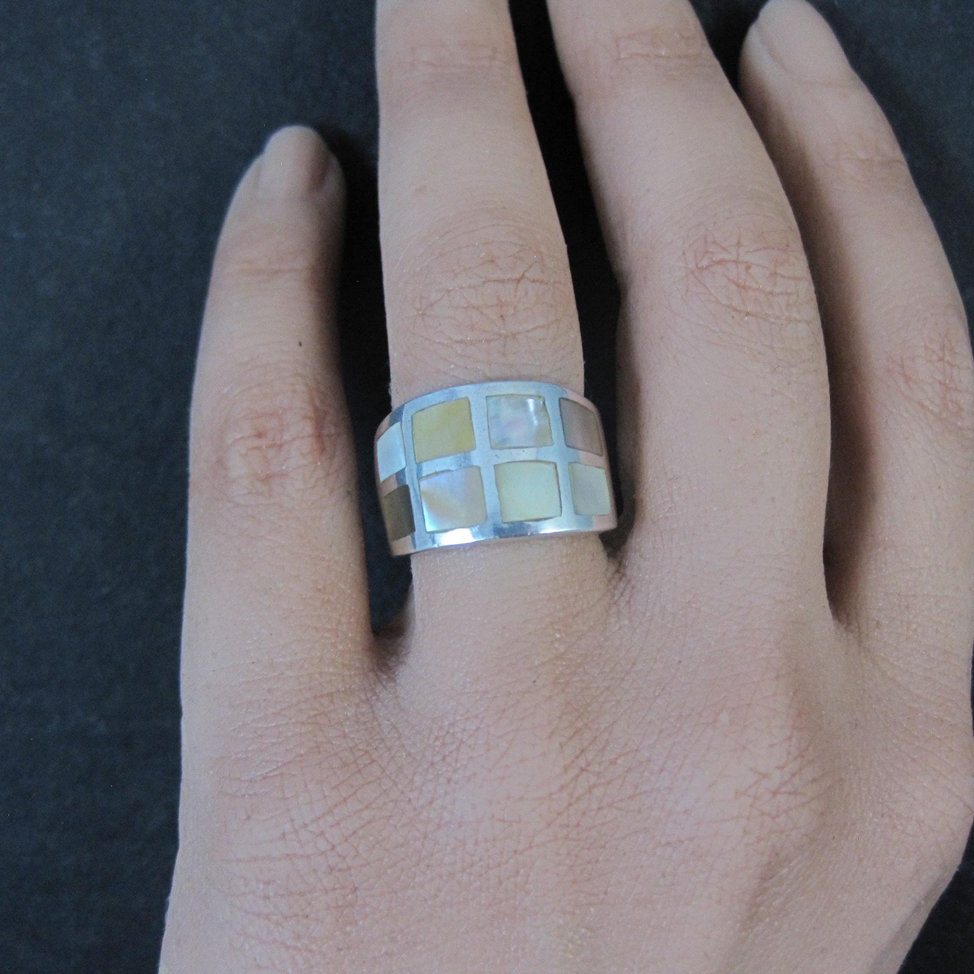 Wide Mother of Pearl Sterling Silver Band Ring Size 6 Vintage