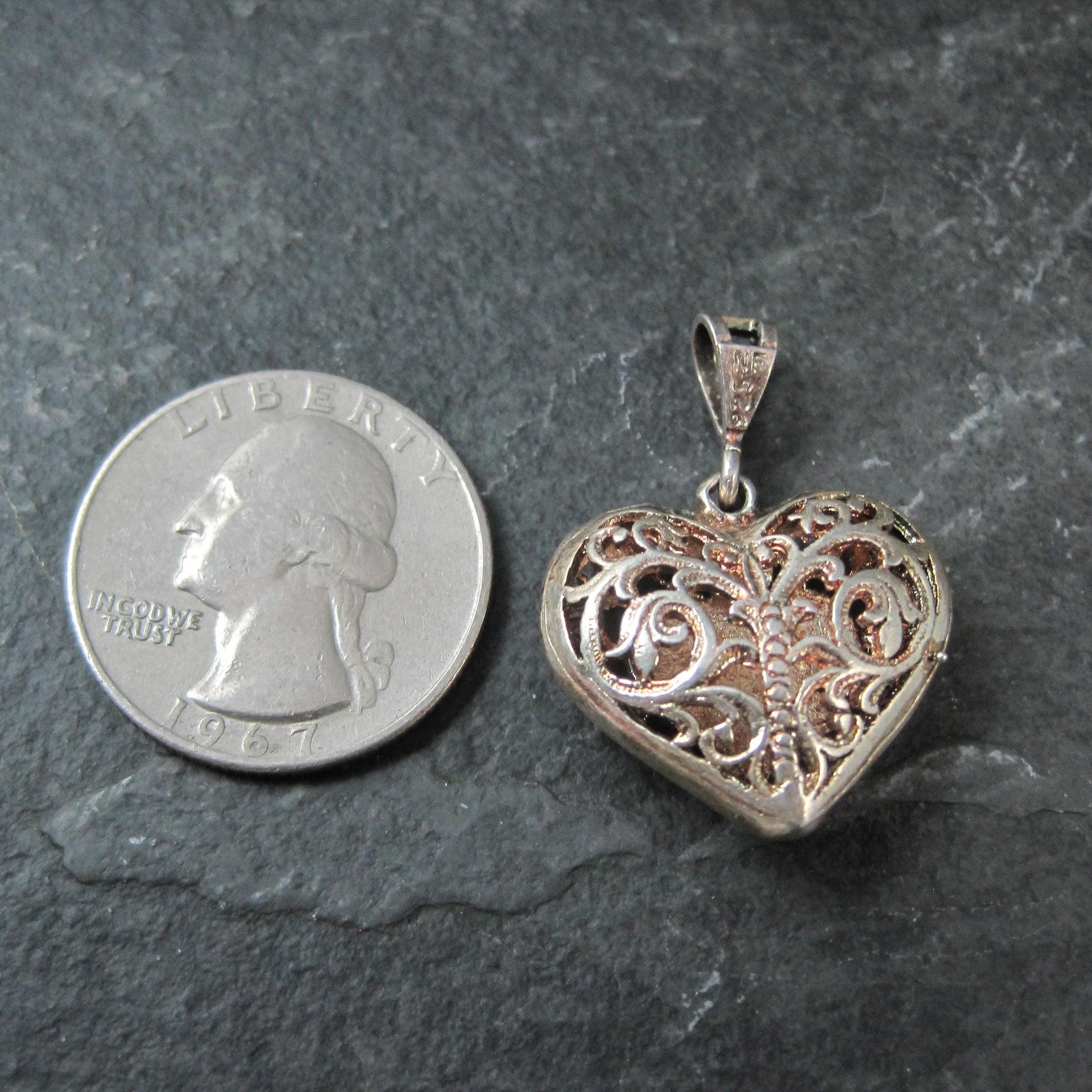 Vintage Puffy Filigree Heart Pendant Reversible Sterling Silver Diamond Cut