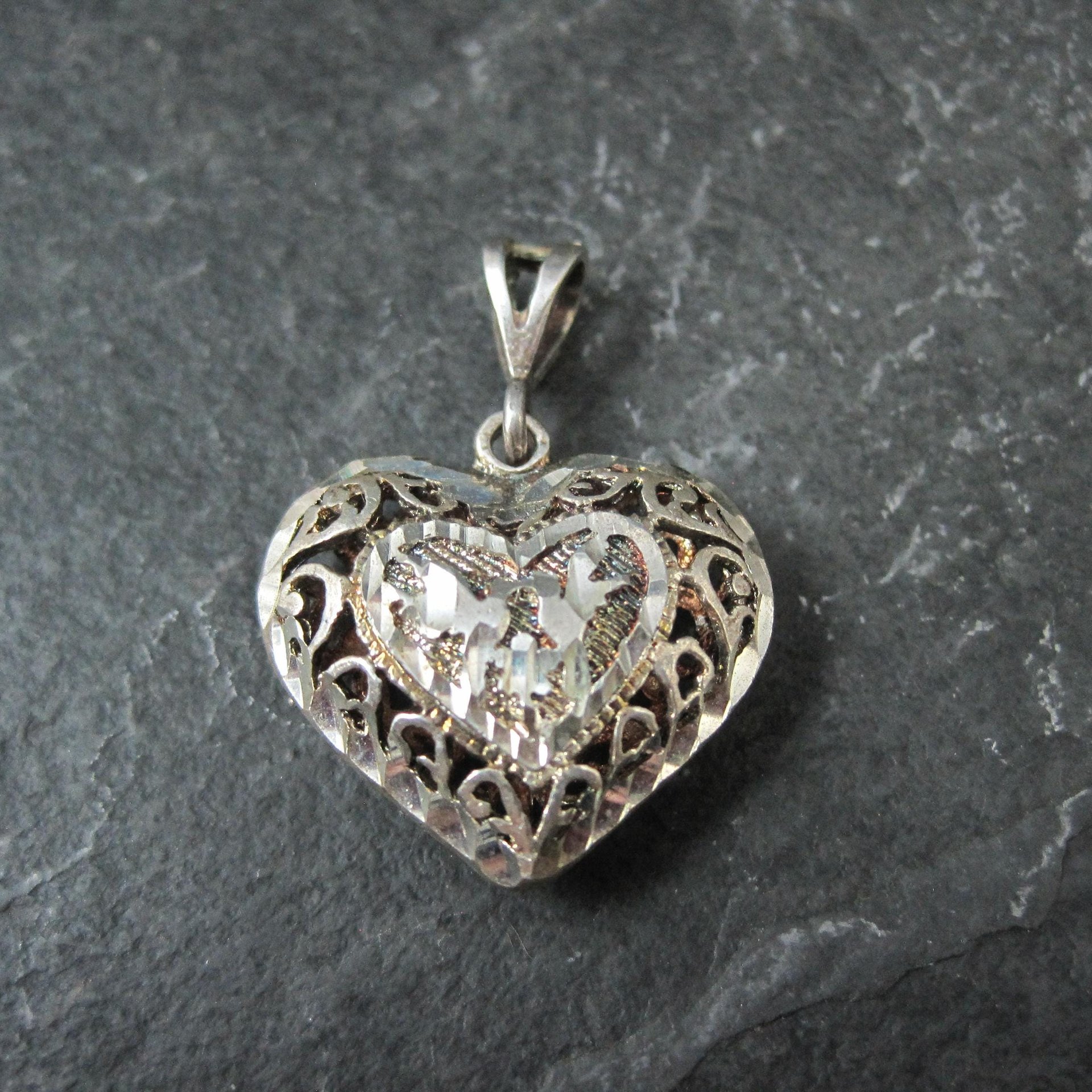 Vintage Puffy Filigree Heart Pendant Reversible Sterling Silver Diamond Cut