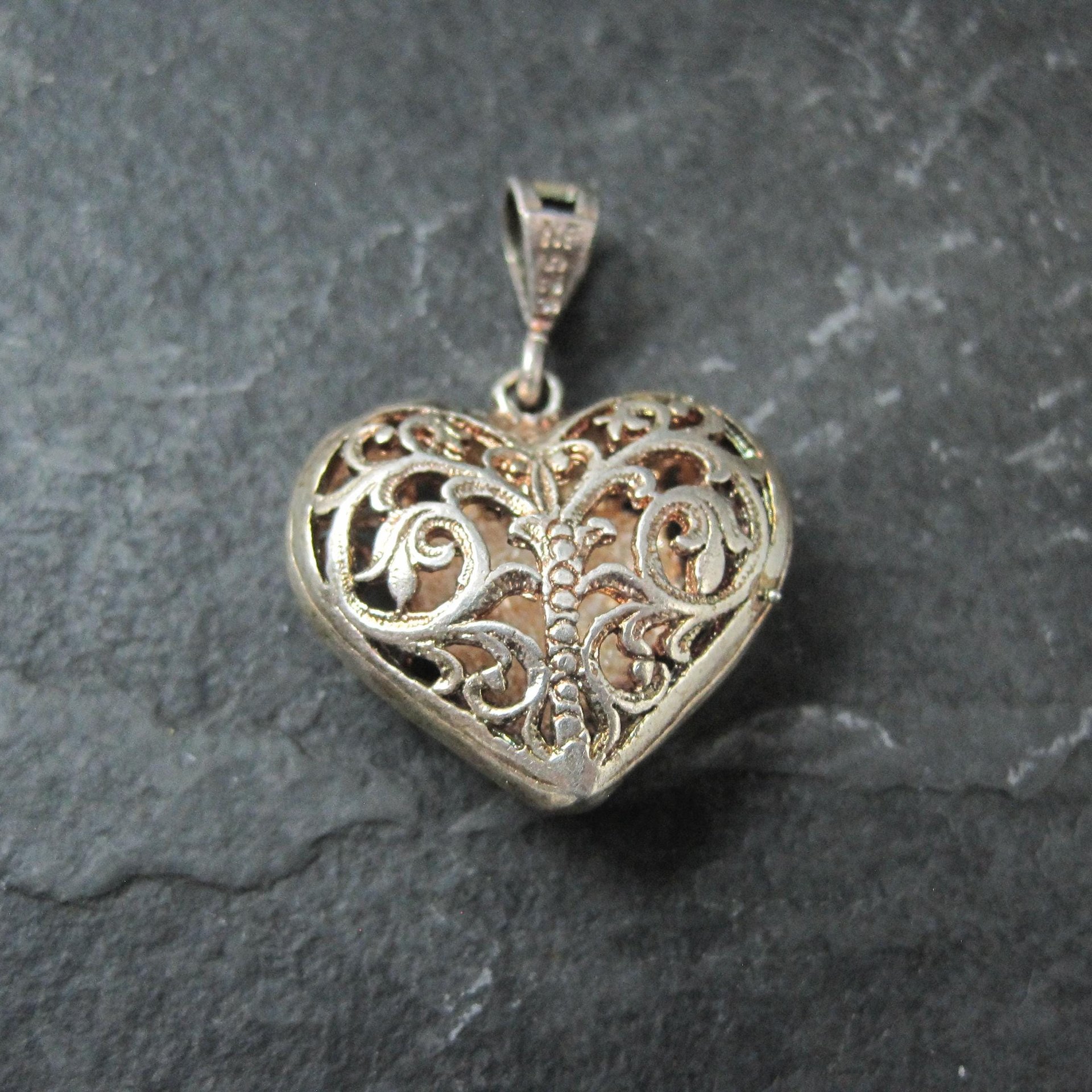 Vintage Puffy Filigree Heart Pendant Reversible Sterling Silver Diamond Cut