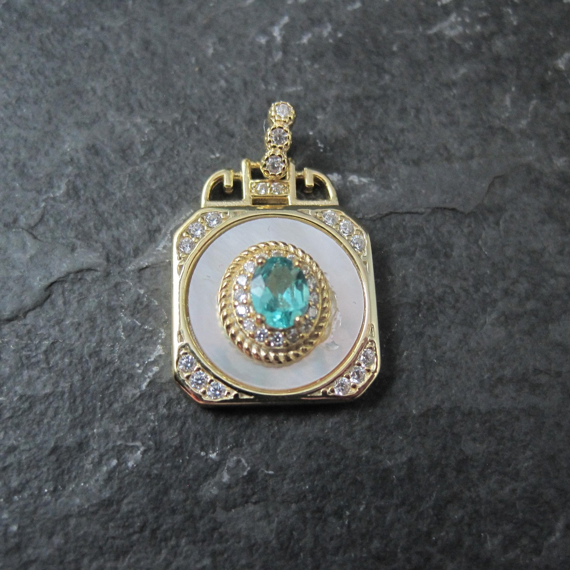 Apatite White Zircon Mother of Pearl Pendant Vermeil Sterling Estate