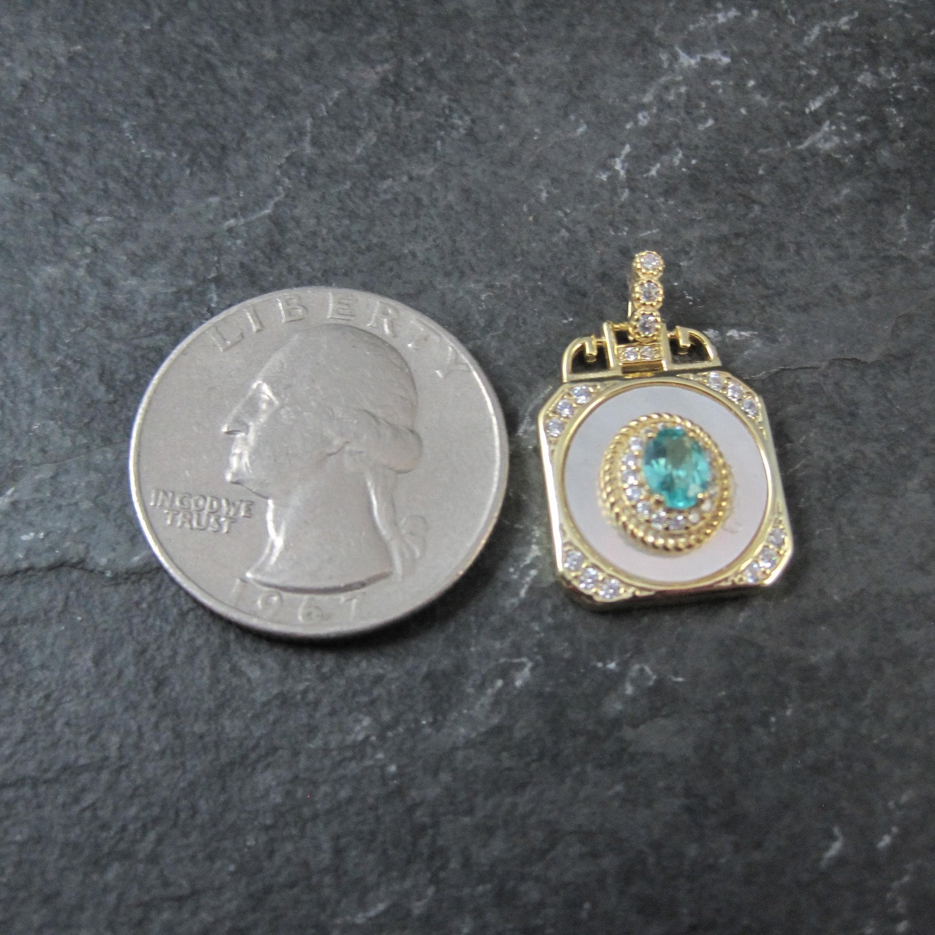 Apatite White Zircon Mother of Pearl Pendant Vermeil Sterling Estate