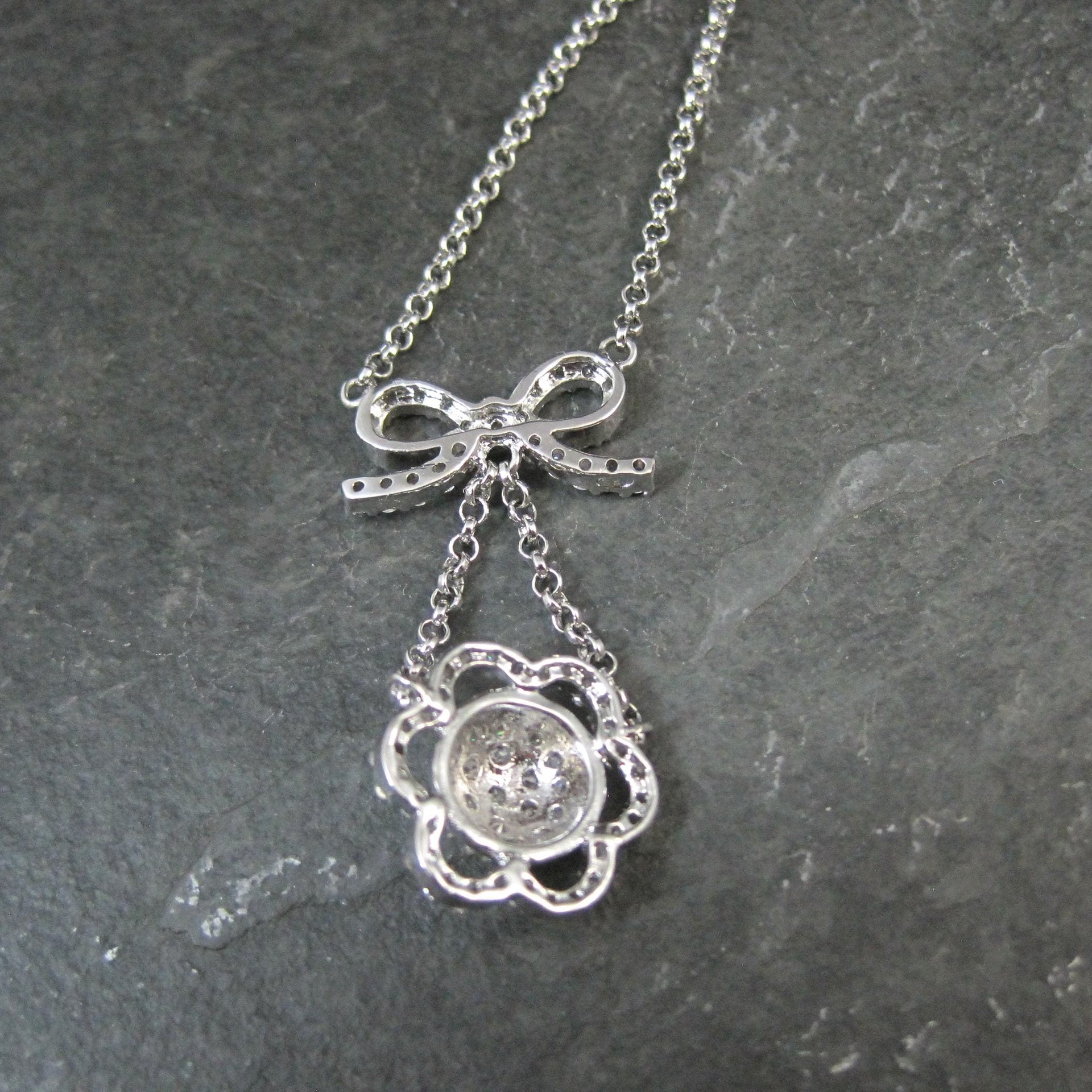Vintage Sterling Silver Bow Flower Y Necklace