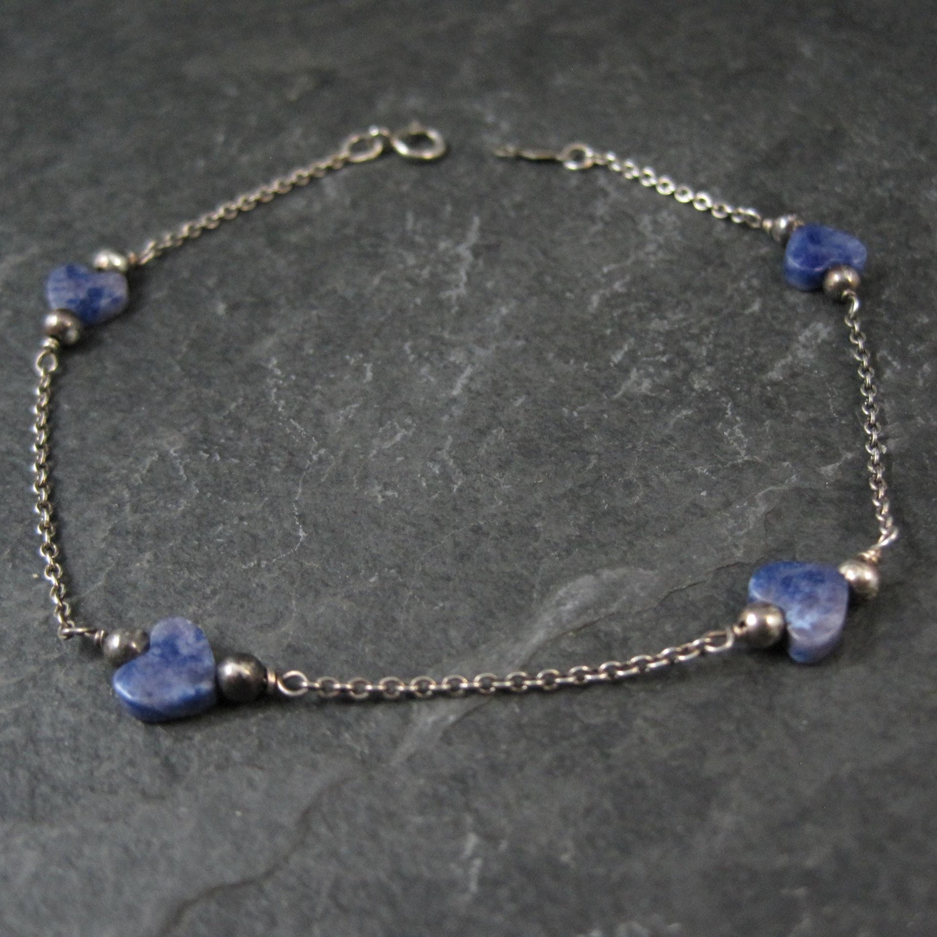 Dainty Vintage Sodalite Heart Bracelet Sterling Silver 7.5"