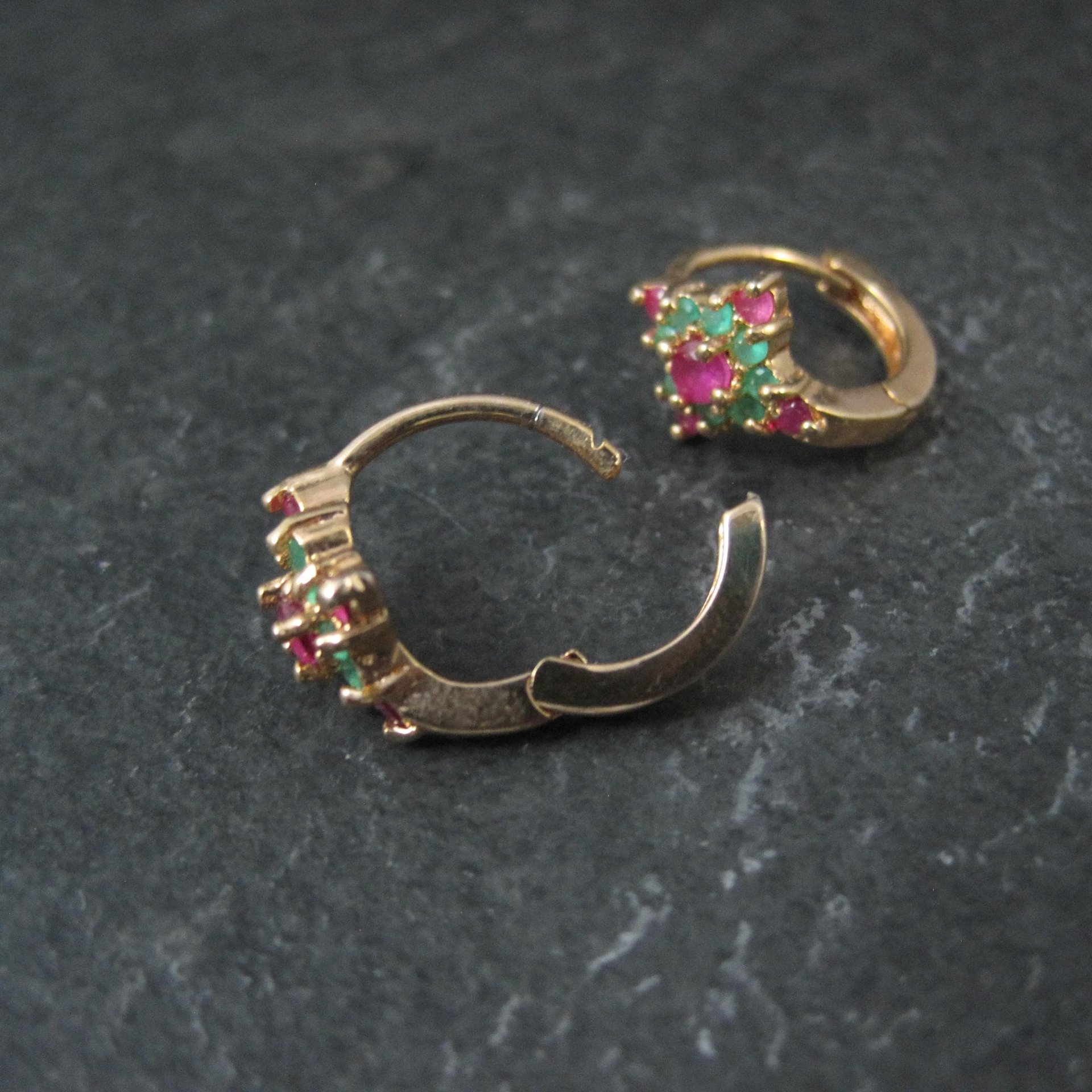 Small Vintage 9K Ruby and Emerald Hoop Earrings 5/8"