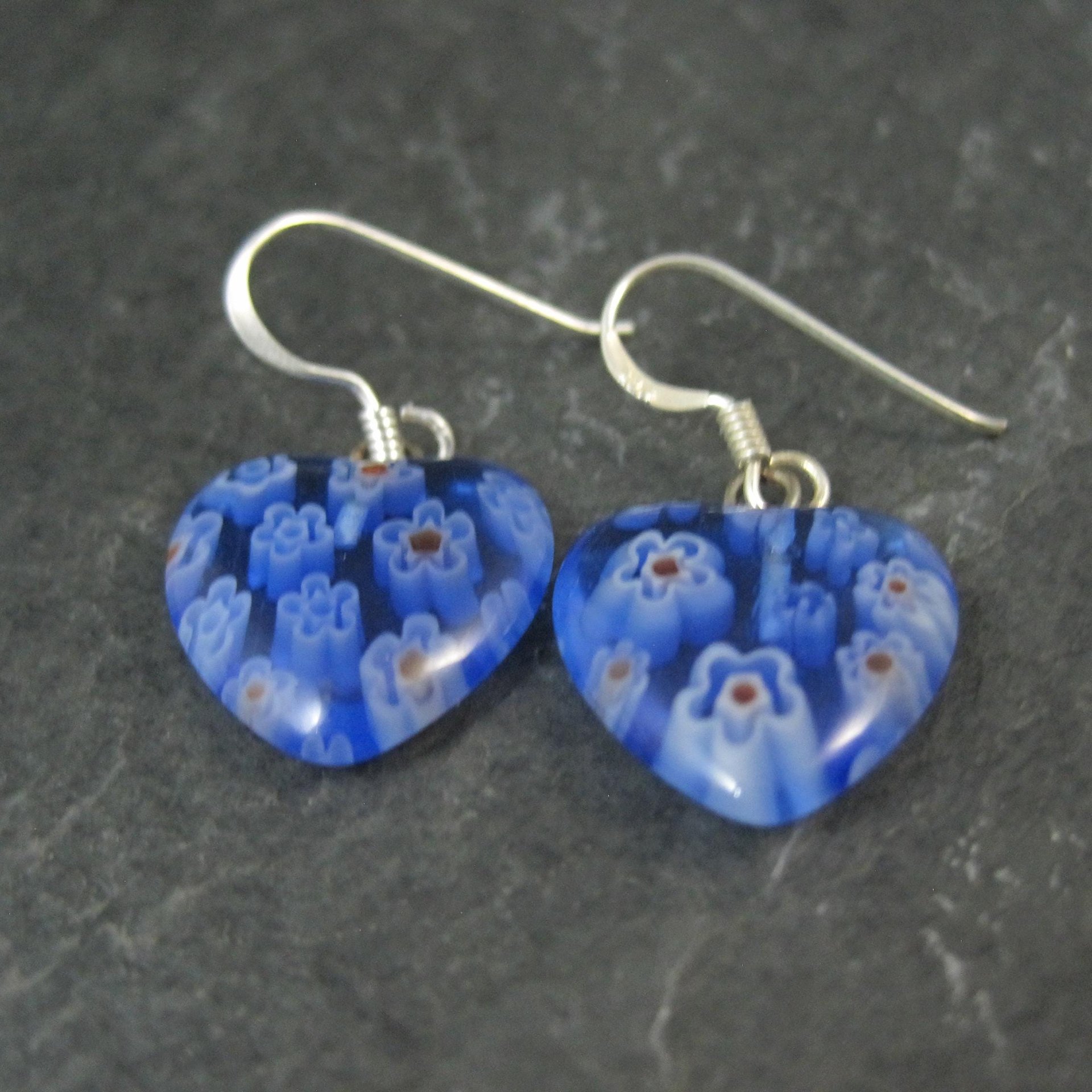 Vintage Sterling Blue Millefiori Heart Earrings