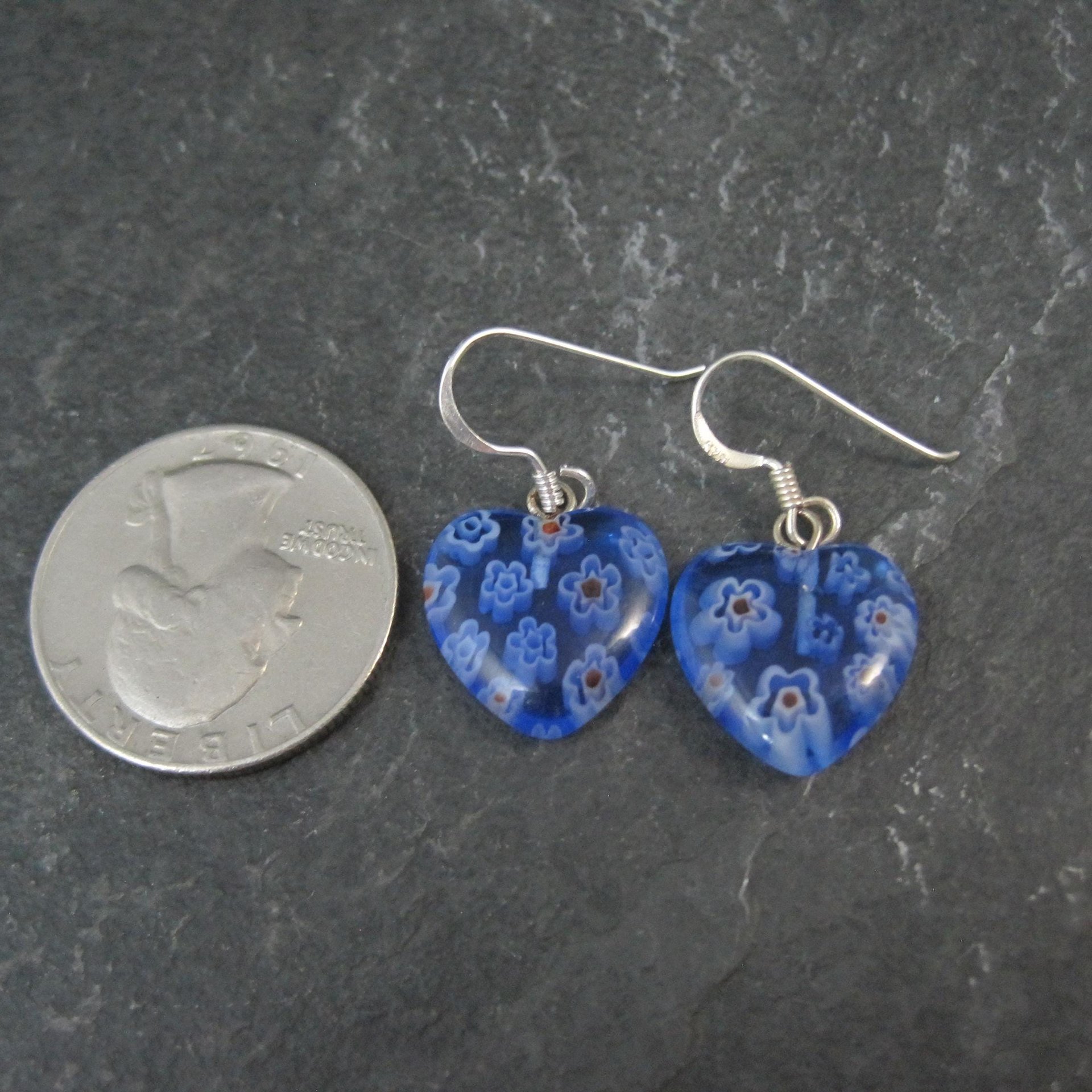 Vintage Sterling Blue Millefiori Heart Earrings