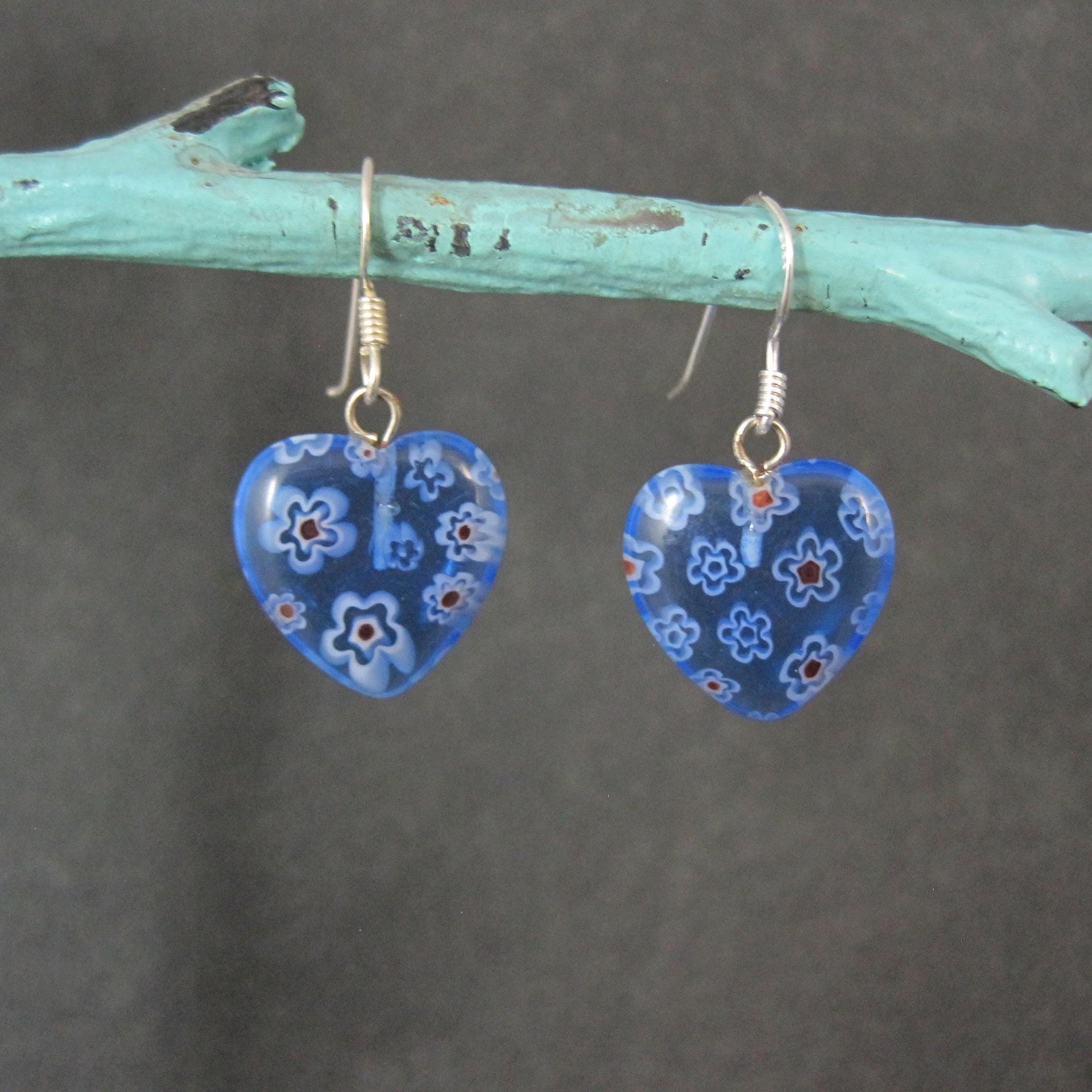 Vintage Sterling Blue Millefiori Heart Earrings