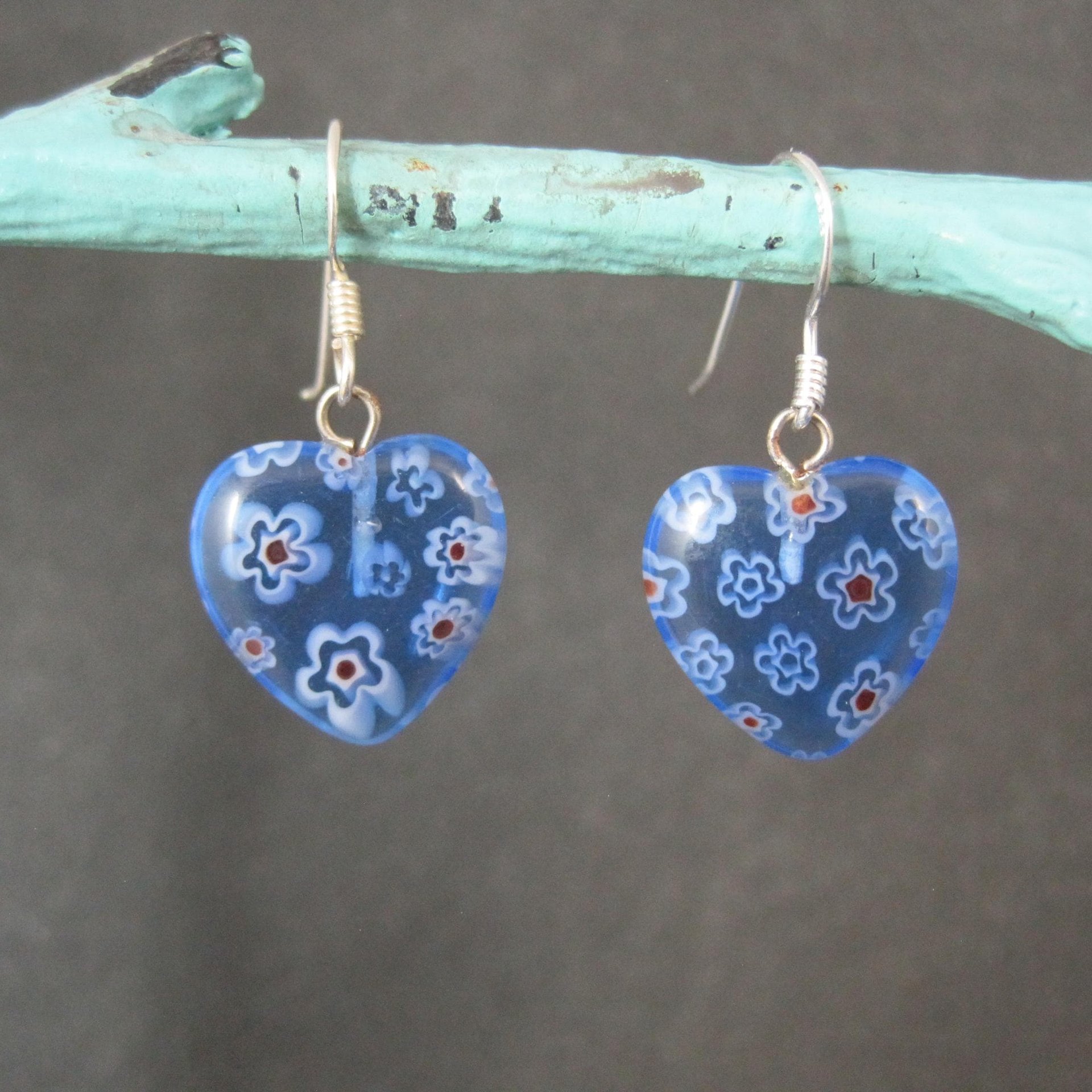 Vintage Sterling Blue Millefiori Heart Earrings