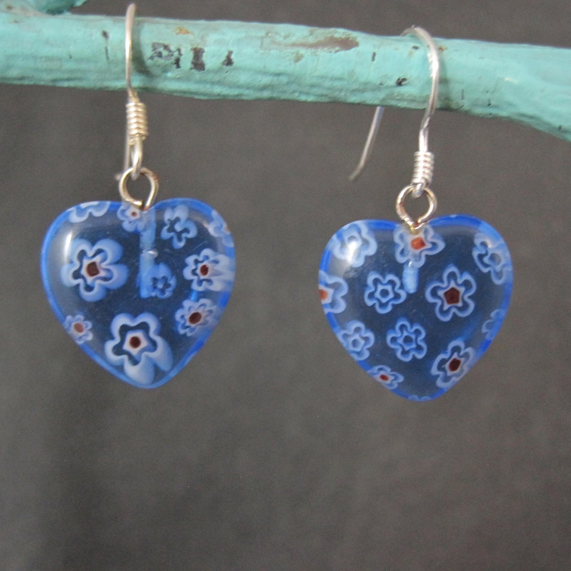 Vintage Sterling Blue Millefiori Heart Earrings