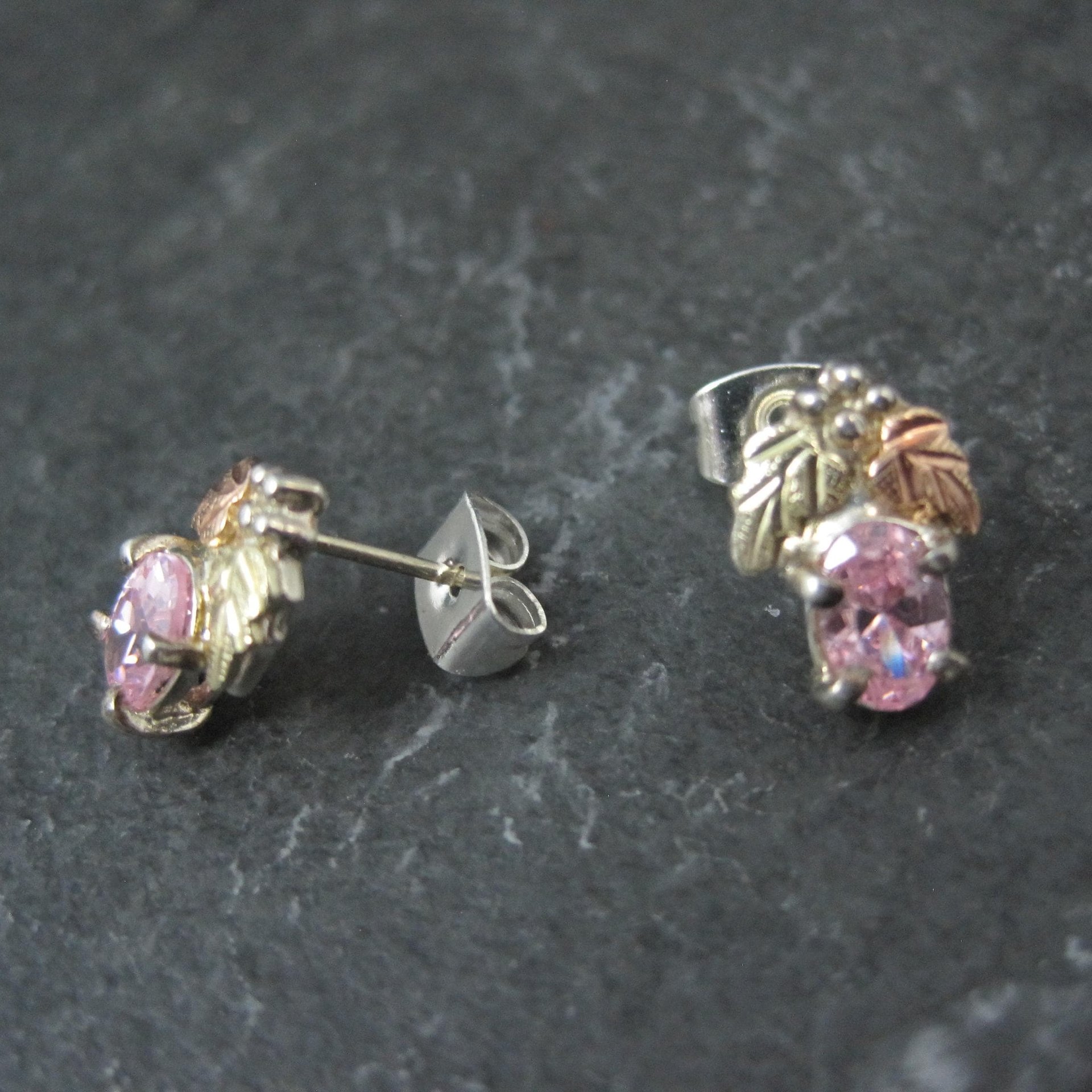 Vintage Black Hills Gold & Silver Pink Cz Stud Earrings Sterling 12K