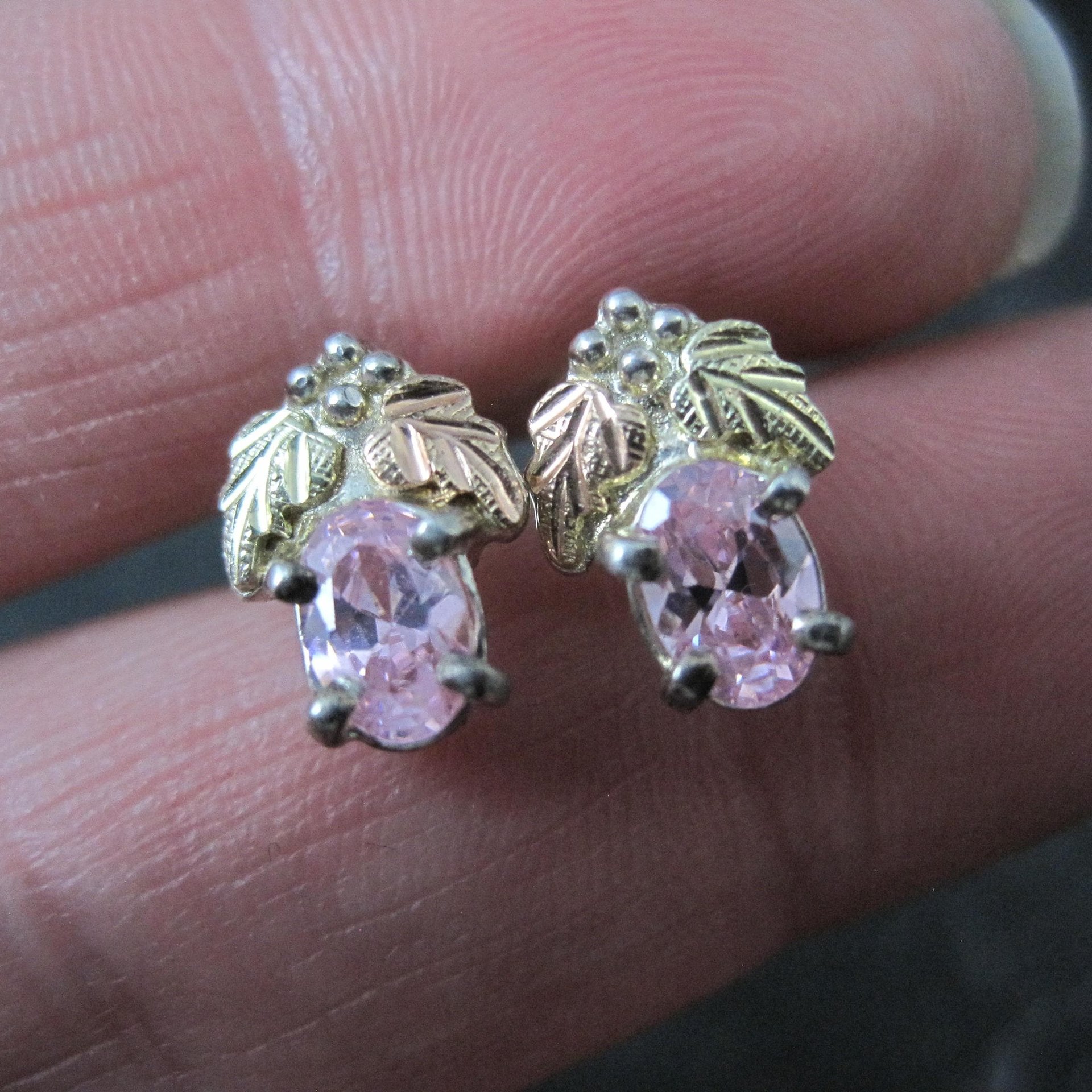Vintage Black Hills Gold & Silver Pink Cz Stud Earrings Sterling 12K