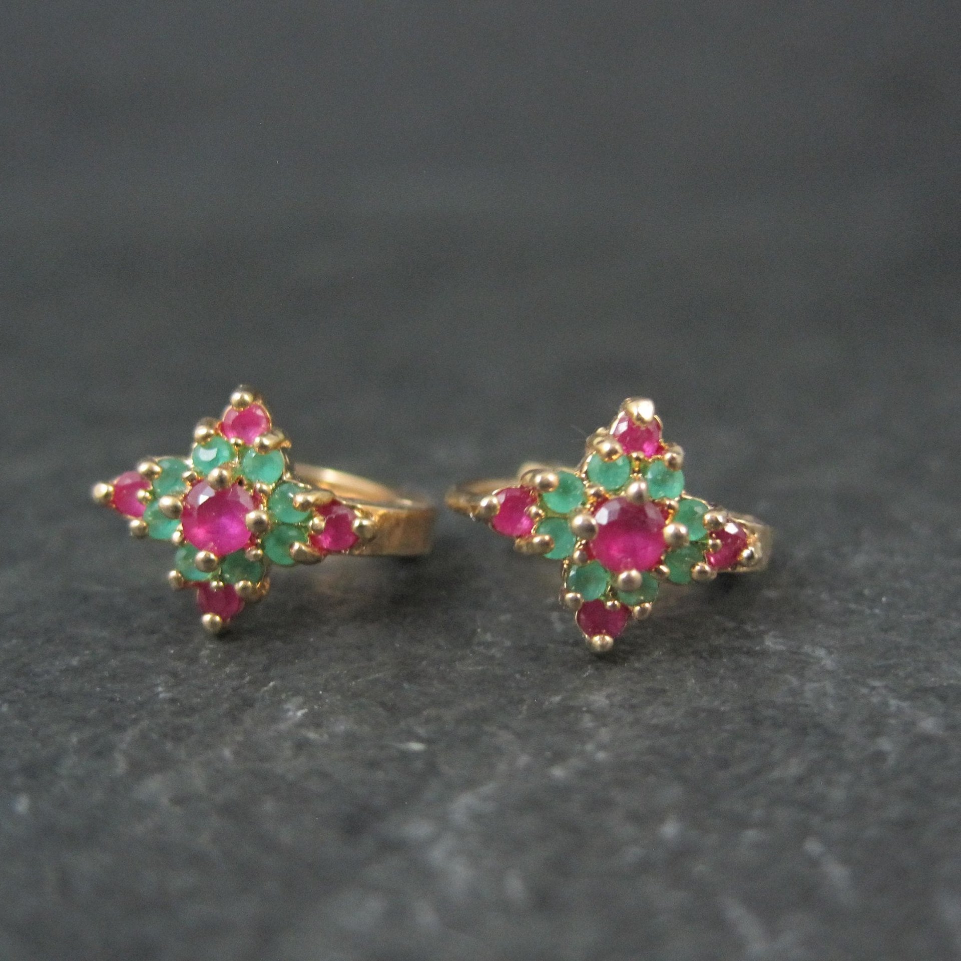 Small Vintage 9K Ruby and Emerald Hoop Earrings 5/8"