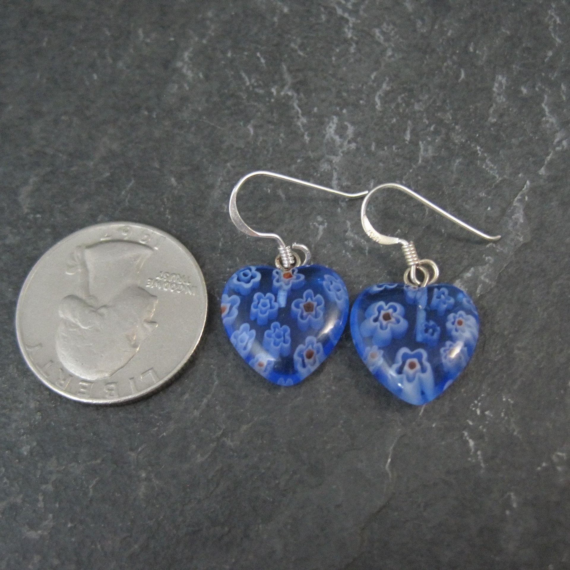 Vintage Sterling Blue Millefiori Heart Earrings