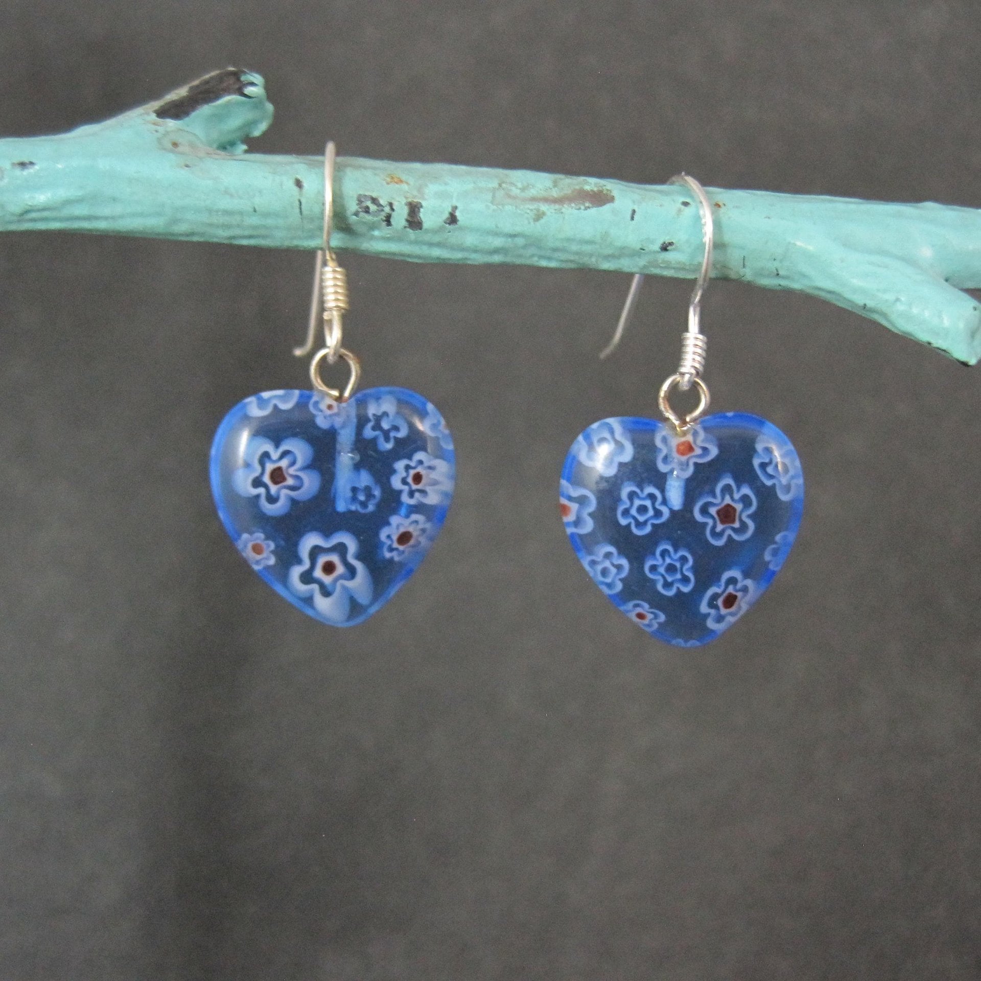 Vintage Sterling Blue Millefiori Heart Earrings